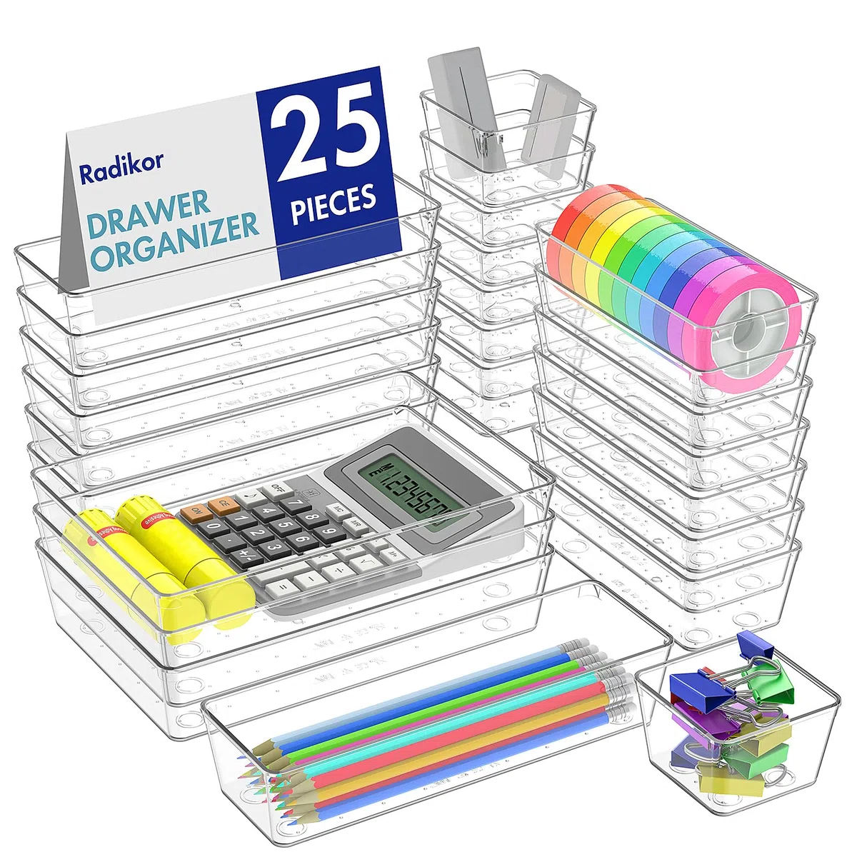 Radikor Organizer Cassetti 25 Pezzi, Organizer Trucchi Cassetti in Plastica Trasparente, Contenitori Cassetto Impilabili di 4 Dimensioni per Bagno, Cucina, Trucchi, Scrivania