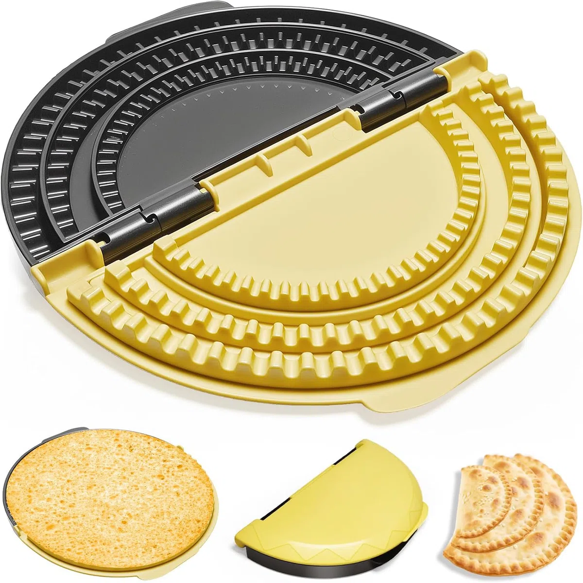 Sigillante per tortilla 3 in 1 (25,4 + 20,5 + 15,2 cm) rimovibile per tortilla, design a dente di squalo, lavabile in lavastoviglie, adatto per burritos, pancake, gnocchi (giallo nero)
