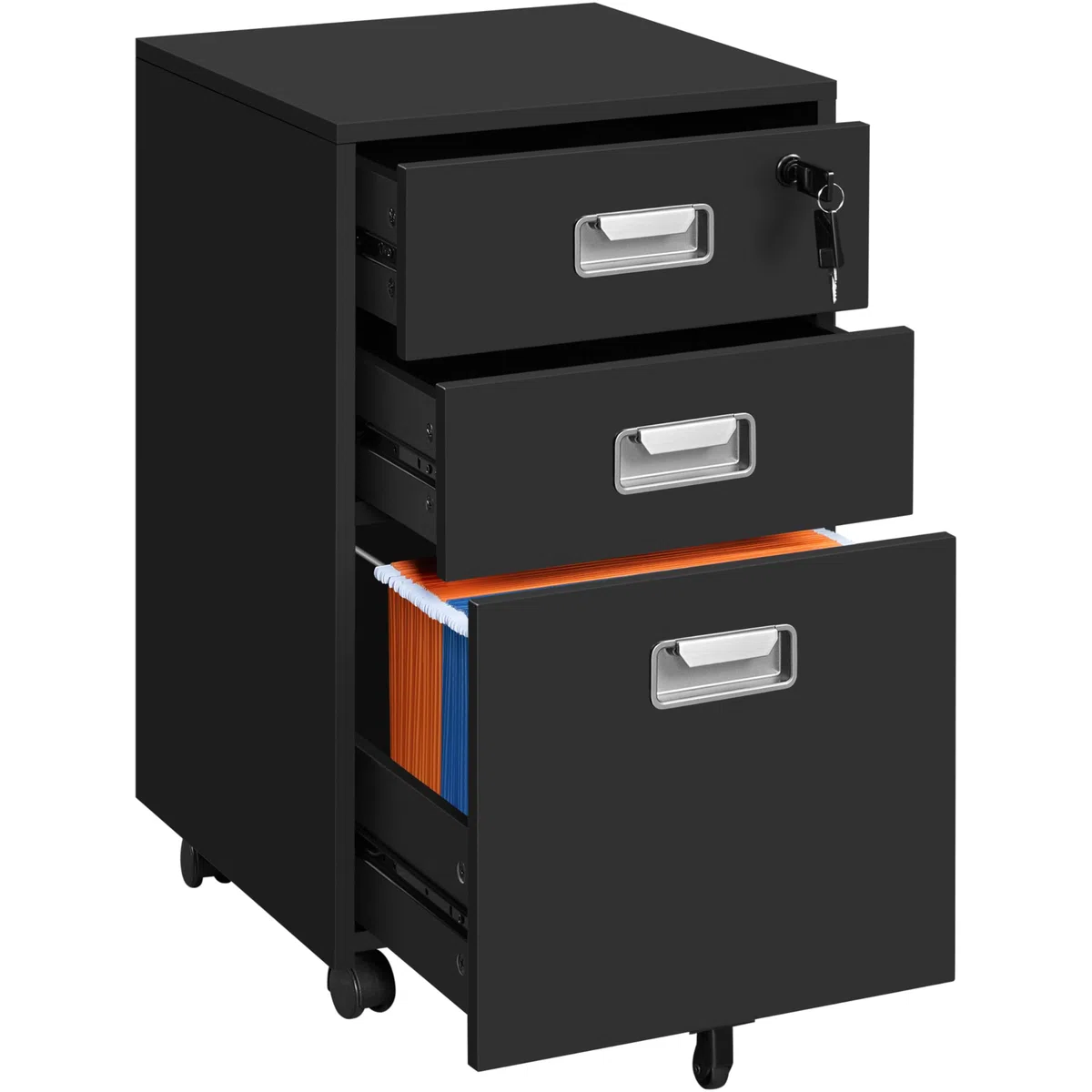 Yaheetech Cassettiera da Scrivania con 3 Cassetti Salvaspazio Archivio Schedario Portadocumenti Mobiletto da Ufficio Rimovibile con Ruote per Ufficio Studio (Nero)