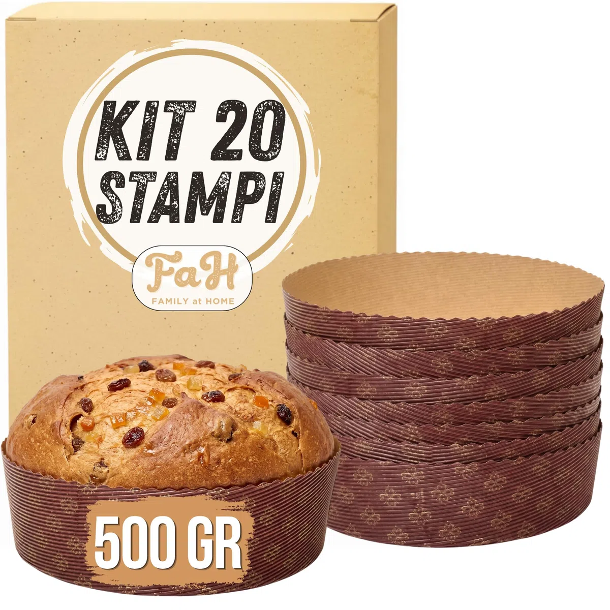 FAH - Stampo Panettone Basso 500 gr Qualità Premium (20 pz) - Pirottini Panettone Professionale di Carta Ondulata di Pura Cellulosa in Microonda Progettato per Panettoni, Resistente al Calore 220°C