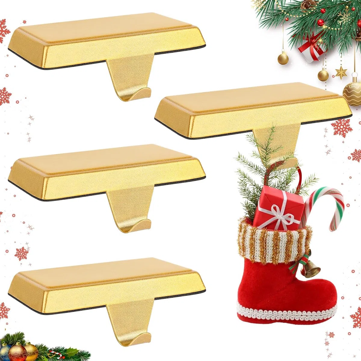 LATERN 4 supporti per calze di Natale, in metallo dorato, ganci antiscivolo per regali di Natale, camino, camino, finestra, casa, ornamenti natalizi per feste