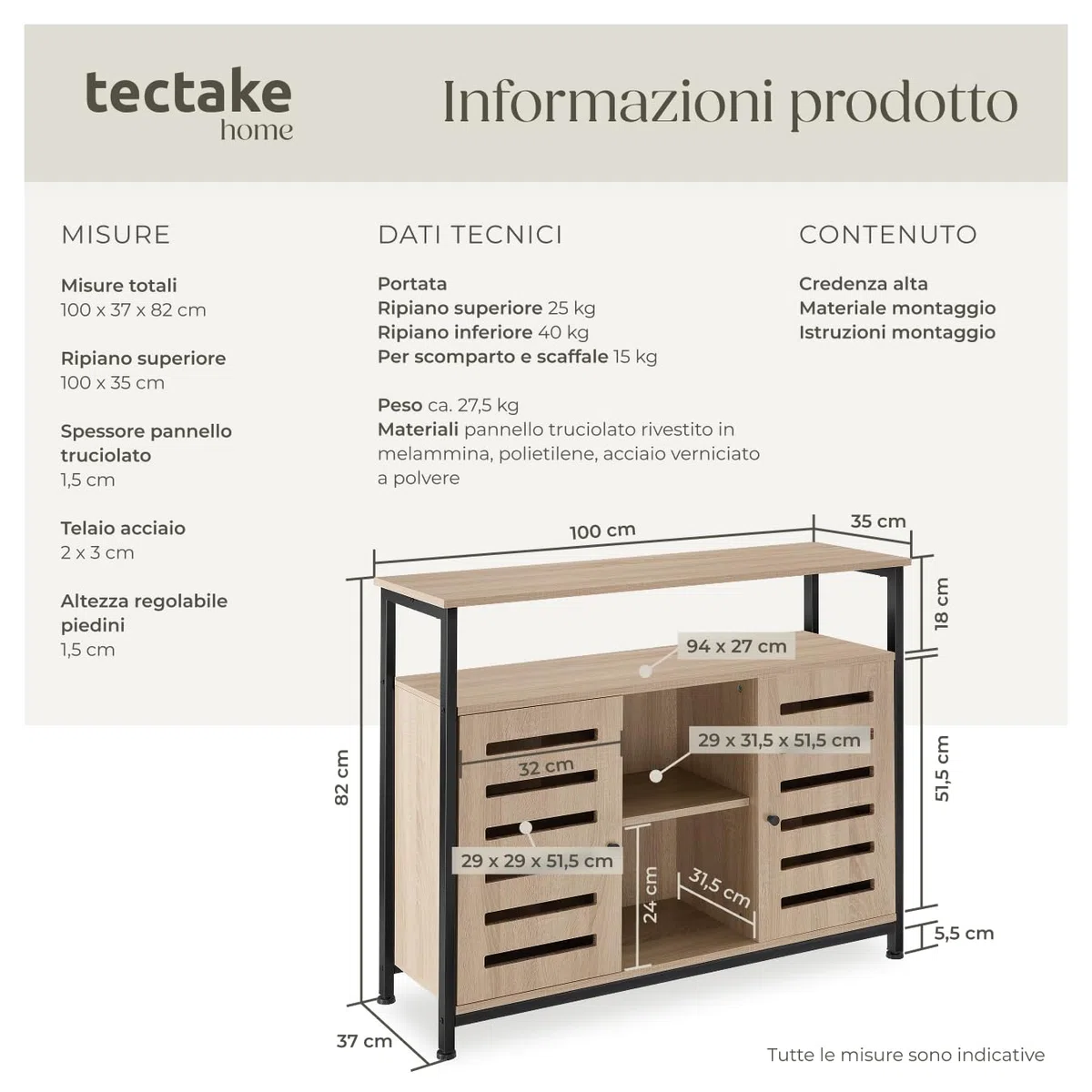 tectake® Credenza Cucina 100x37x82cm, Mobile Cucina, Dispensa Salvaspazio Armadio 2 ante, 2 Ripiani, Mensole Regolabili per Piatti e Pentole, Soggiorno, Sala da pranzo - Legno Industriale Chiaro