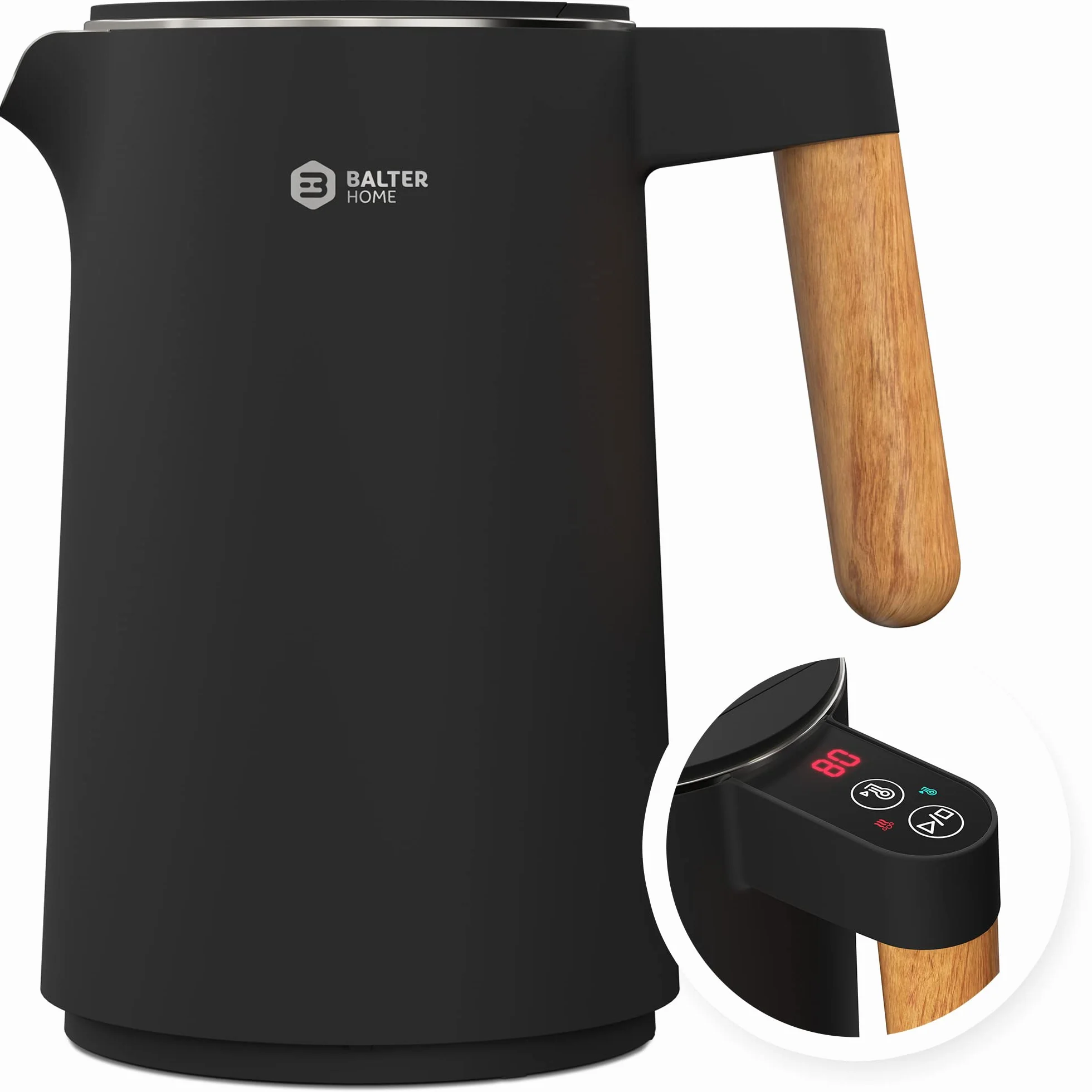 BALTER Bollitore elettrico temperatura regolabile, Acciaio Inox, 45 °C - 100 °C, kettle, doppia parete, senza BPA, 1,5 l, 2200 W, nero