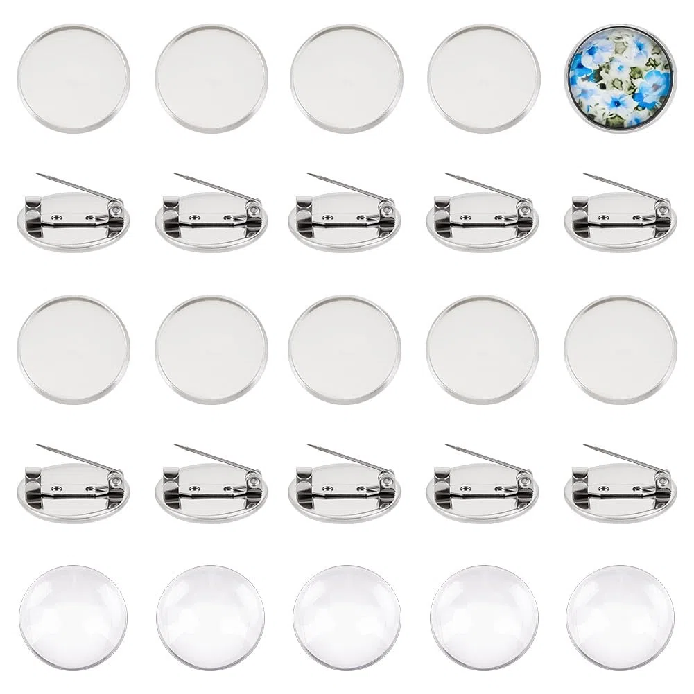 UNICRAFTALE 30 Set Spilla Piatta Rotonda da 20 mm con Cabochon di Vetro Spilla in Acciaio Inossidabile Vassoi con Castone Kit Fai-da-Te per Risultati di Creazione di Gioielli
