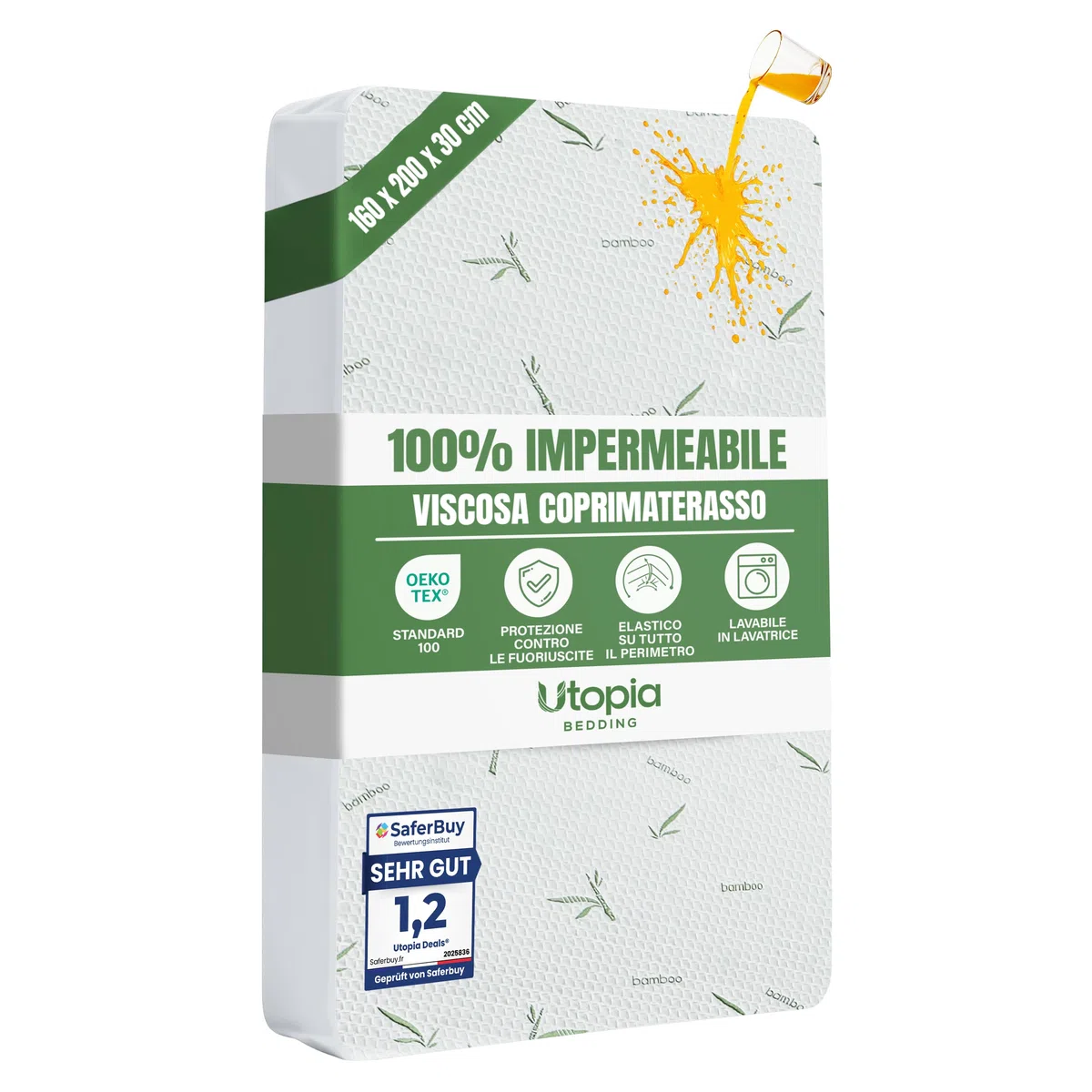 Utopia Bedding Coprimaterasso Matrimoniale Impermeabile 160 x 200 x 30 cm, Certificato OEKO-TEX, Proteggi Materasso, Traspirante, Lavabile, Stile Montato Tutto Intorno Elastico