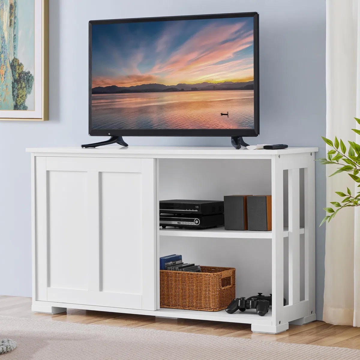 Yaheetech Credenza Mobile da Cucina Bianco con 2 Ante Scorrevoli Salvaspazio e Ripiano Regolabile in Legno Mobiletto TV da Salotto Soggiorno 106,7 x 33 x 63 cm