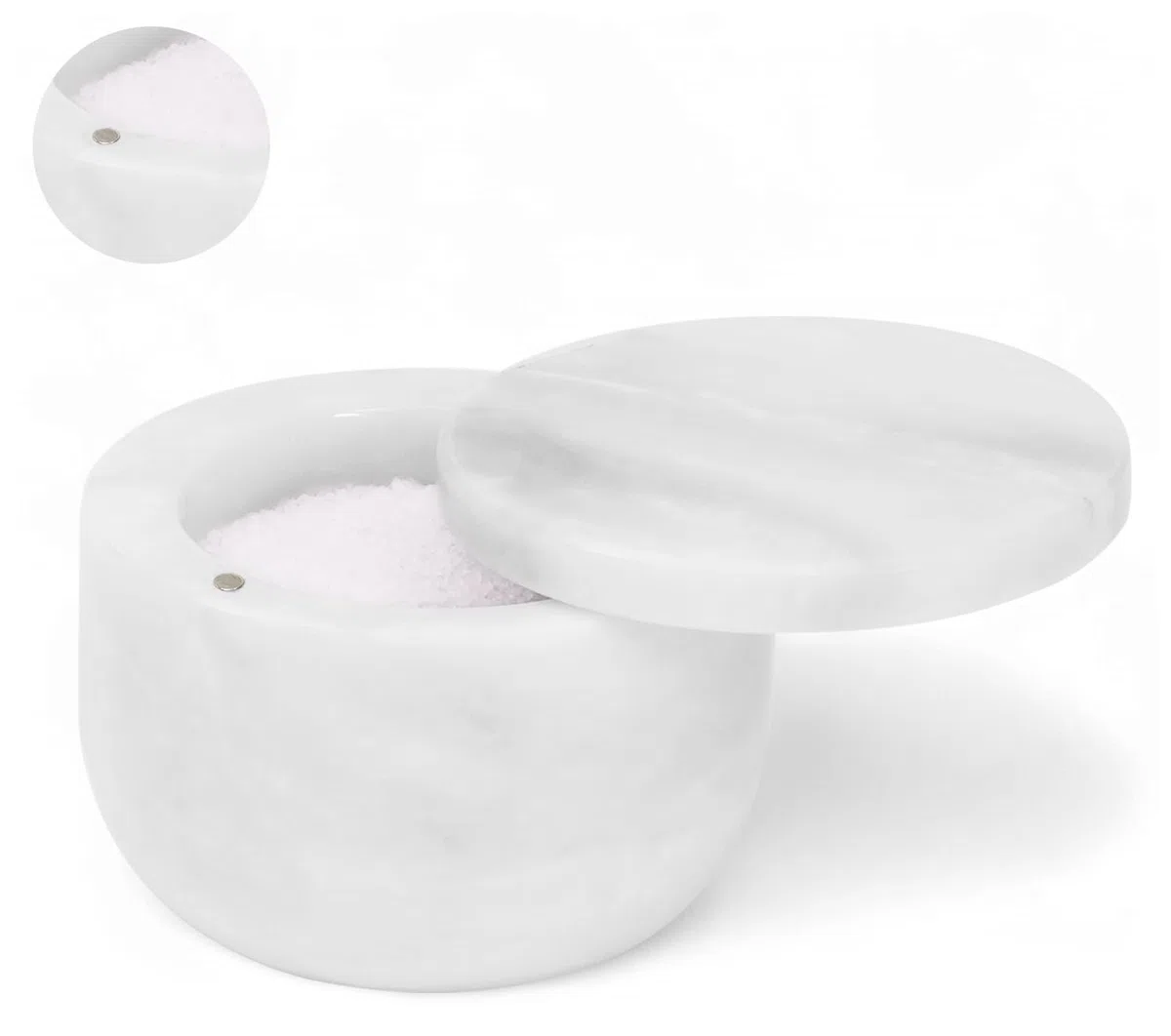 Saliera in marmo bianco da 7,6 cm, con coperchio, contenitore per sale con chiusura magnetica per bancone della cucina, contenitore per sale e spezie, barattoli per condimenti da tavola