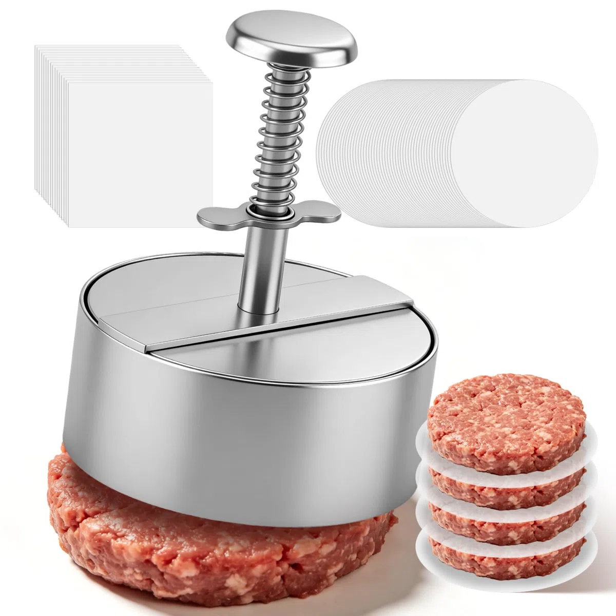 304 Acciaio Inossidabile Pressa per Hamburger Preparare Hamburger dal Diametro di 11Cm Include 150 Dischi Carta Forno Fogli Stampo per Hamburger Ideale Barbecue e Occasioni Simili