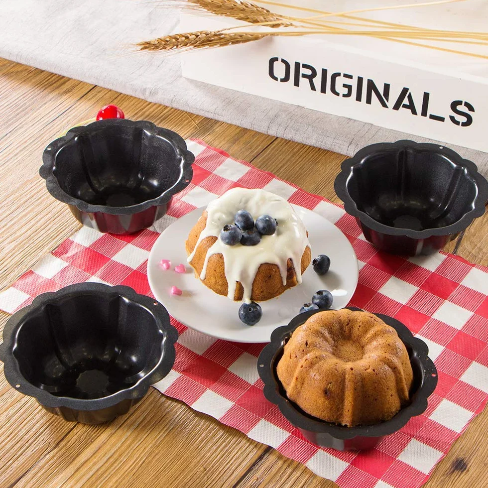 Webake Set di 4 Stampo Kugelhopf Stampi per Torte in Acciaio al Carbonio ø11 cm Tazzina per Flauto Antiaderente per Torte con Incisione a Vortice