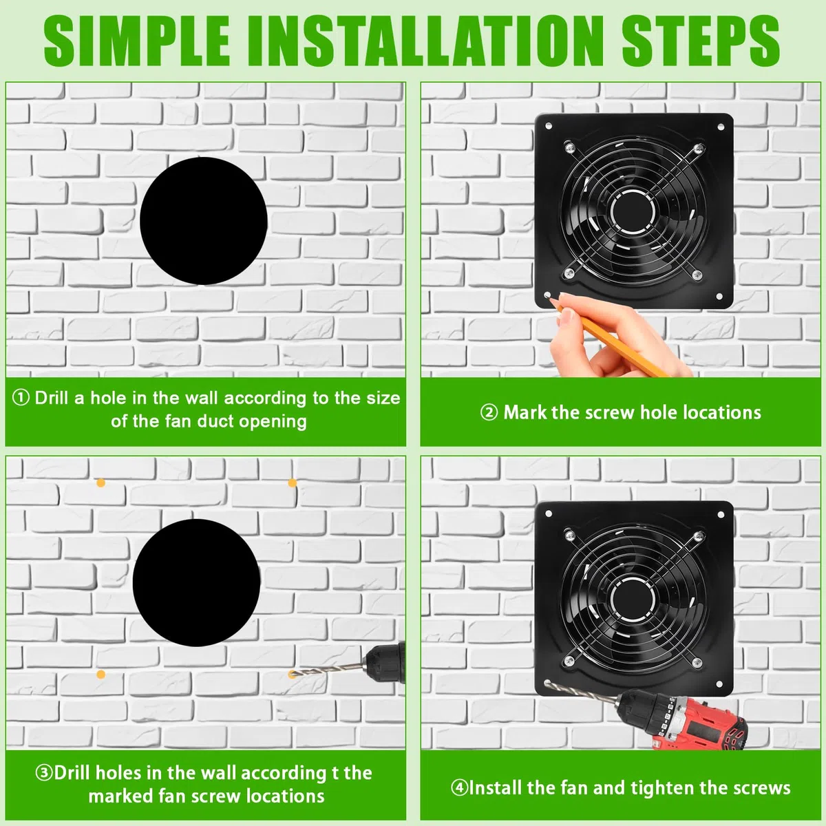 Ventilatore di scarico da 150 mm con valvola di ritorno - Potente ventilatore da bagno in acciaio inossidabile, ventilatore a parete 600 m³/h per cucina, bagno, garage, officina - Nero