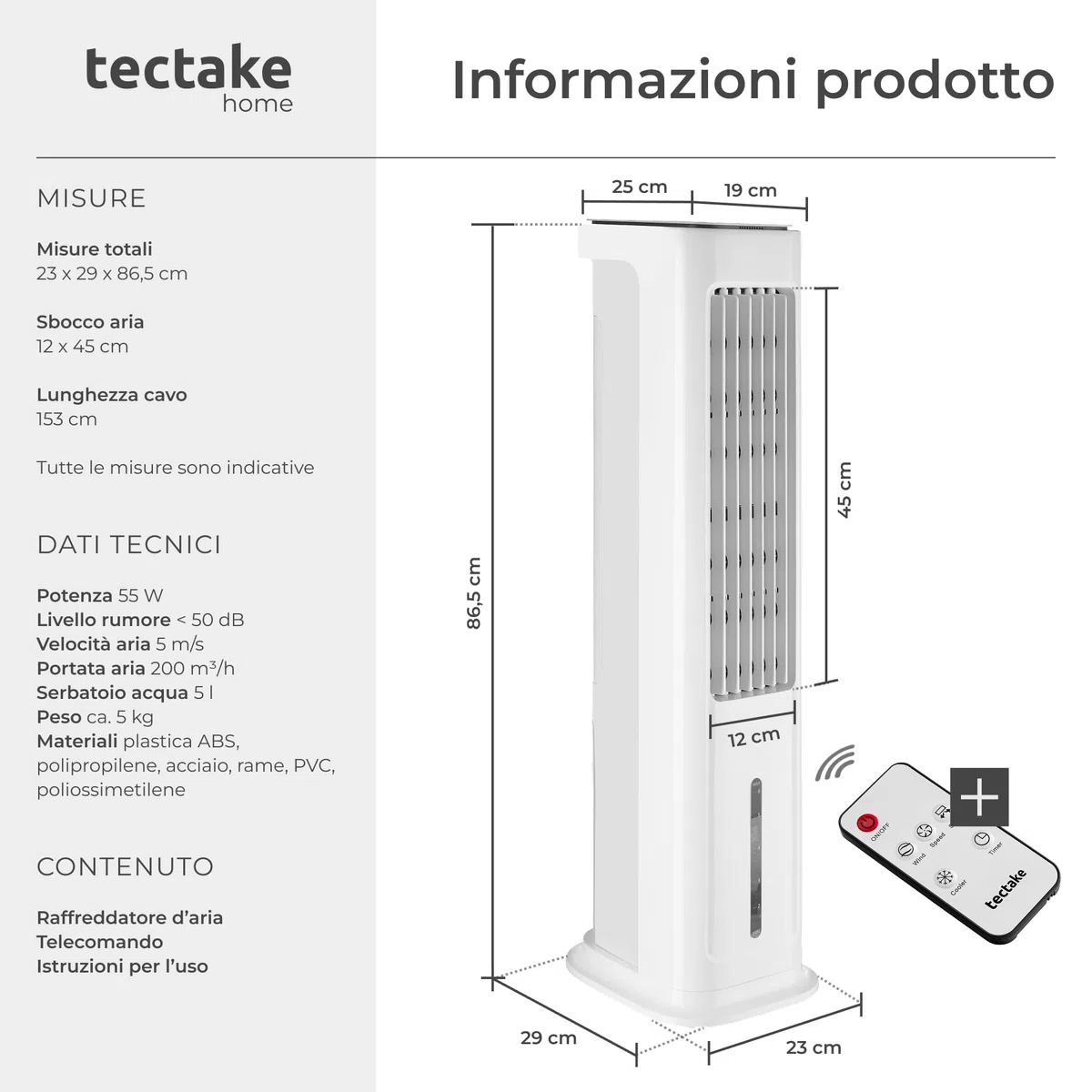tectake® Raffrescatore d'aria 4in1, Condizionatore Portatile, Serbatoio 5L, 2 Siberini, Ventilatore a Torre, Purificatore, 3 Modalità, Telecomando Timer, Climatizzatore Portatile Silenzioso - Bianco
