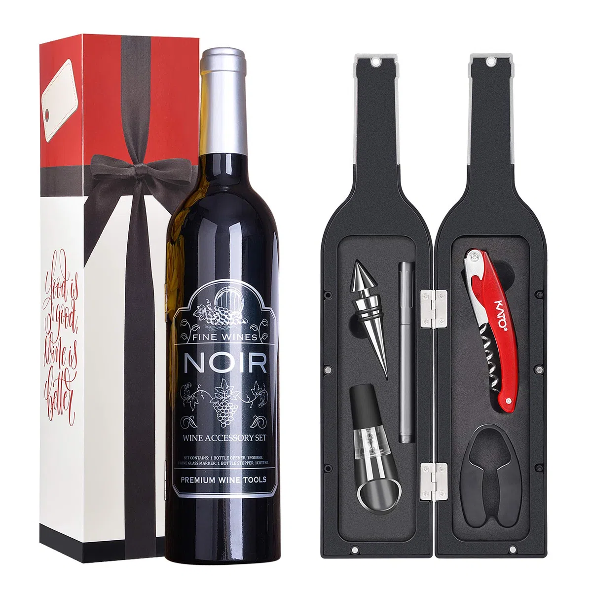 Kato Wine Cavatappi, Kit apribottiglie per vino, Set di accessori per vino, 5 pezzi, Regalo di San Valentino perfetto per amanti del vino e bevitori, Argento