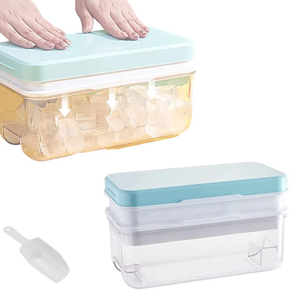 1 Secondo Demould - Vassoio per cubetto di ghiaccio con coperchio e cestino, le stampi per ghiaccio a 2 livelli producono 64 cubi di ghiaccio, Compreso lo scoop (Blu)