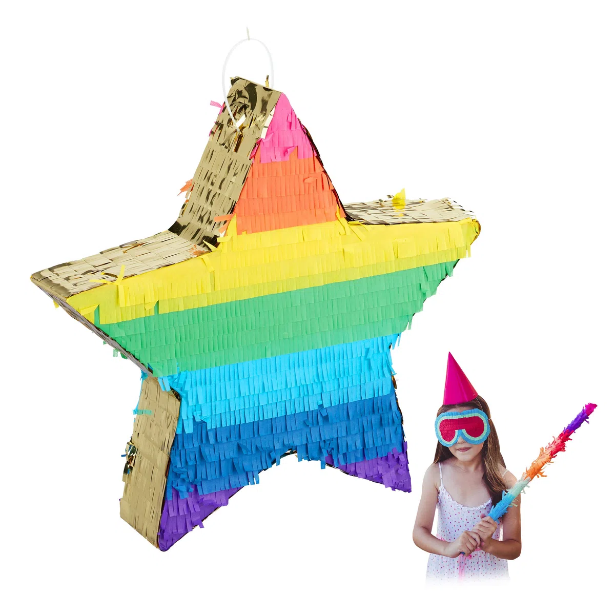 Relaxdays Pignatta a Forma di Stella, Pentolaccia da Riempire, Bambini e Adulti, Arcobaleno, da Appendere, Colorata/Oro