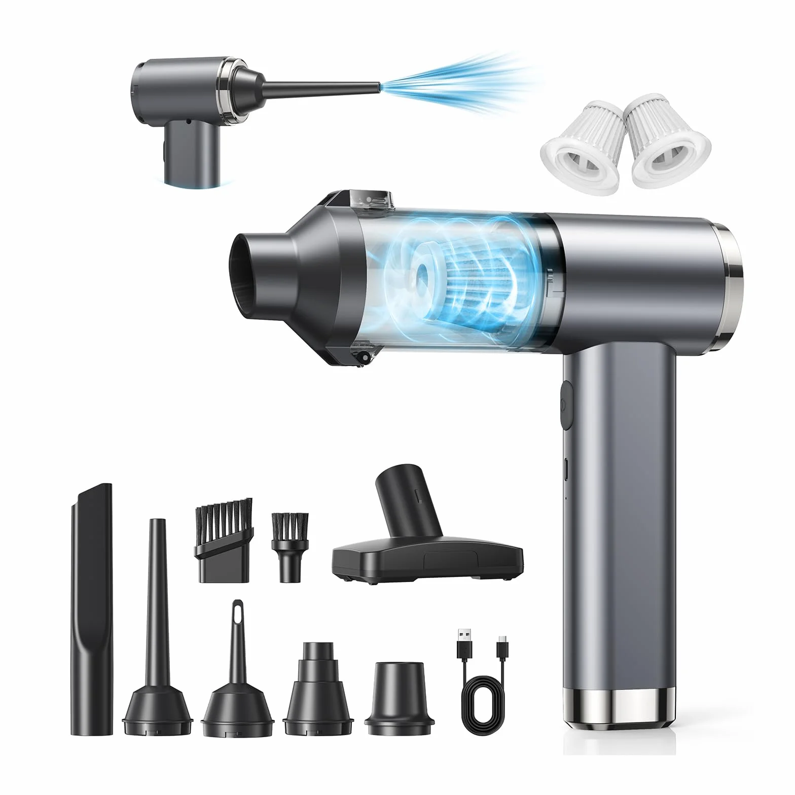 4 in 1 Aspirabriciole Senza Fili, 25000Pa Aspirapolvere Auto Portatile, 6000mAh Mini Aspirapolvere con Motore Brushless, 2 Velocità, 150000 RPM Aria Compressa per Auto Casa Ufficio Animale