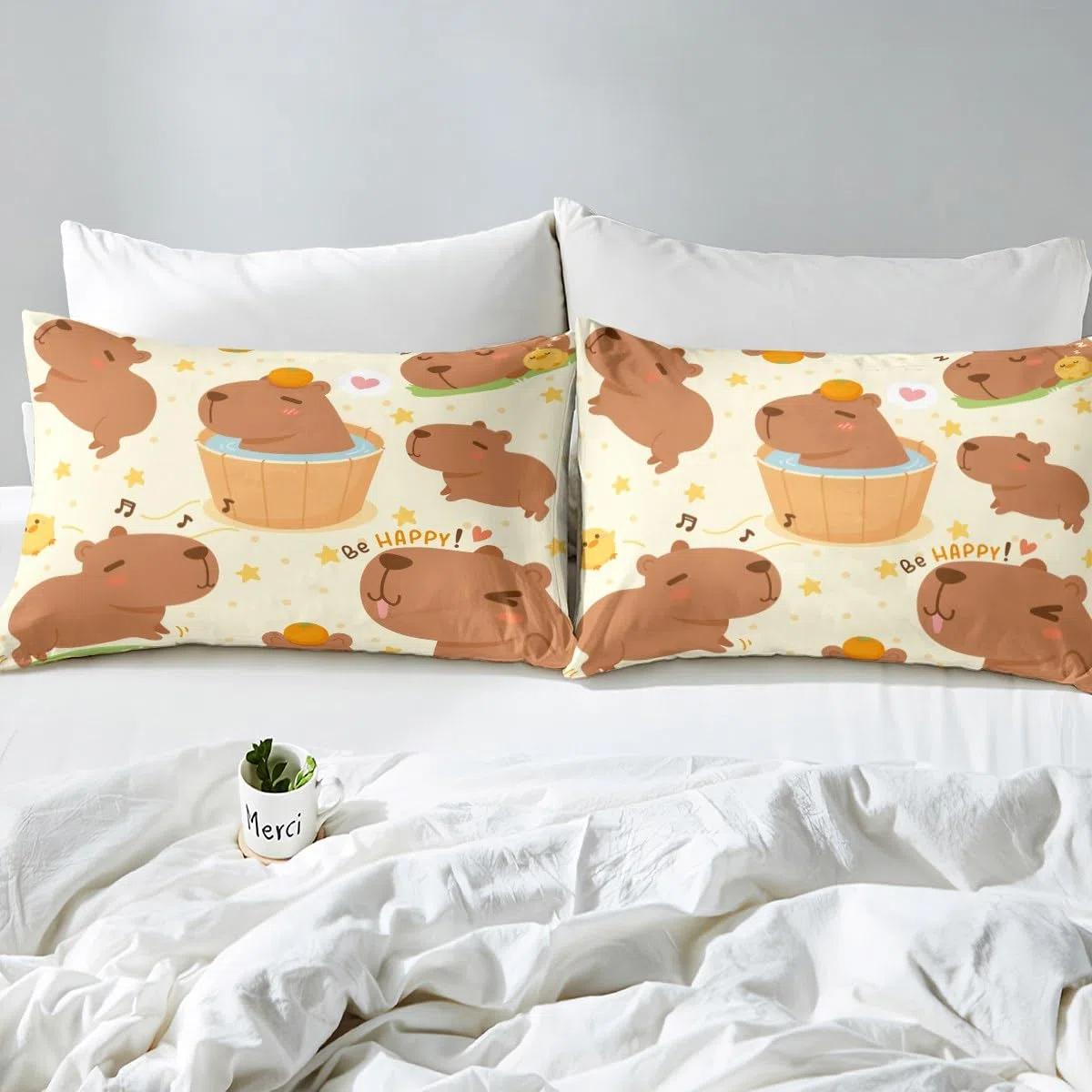 Set di biancheria da letto con angoli Capybara marrone con motivo a fumetti Capybara Set di lenzuola per bambini ragazzi ragazze floreale Capybaras copriletto Decor camera in microfibra set letto sin