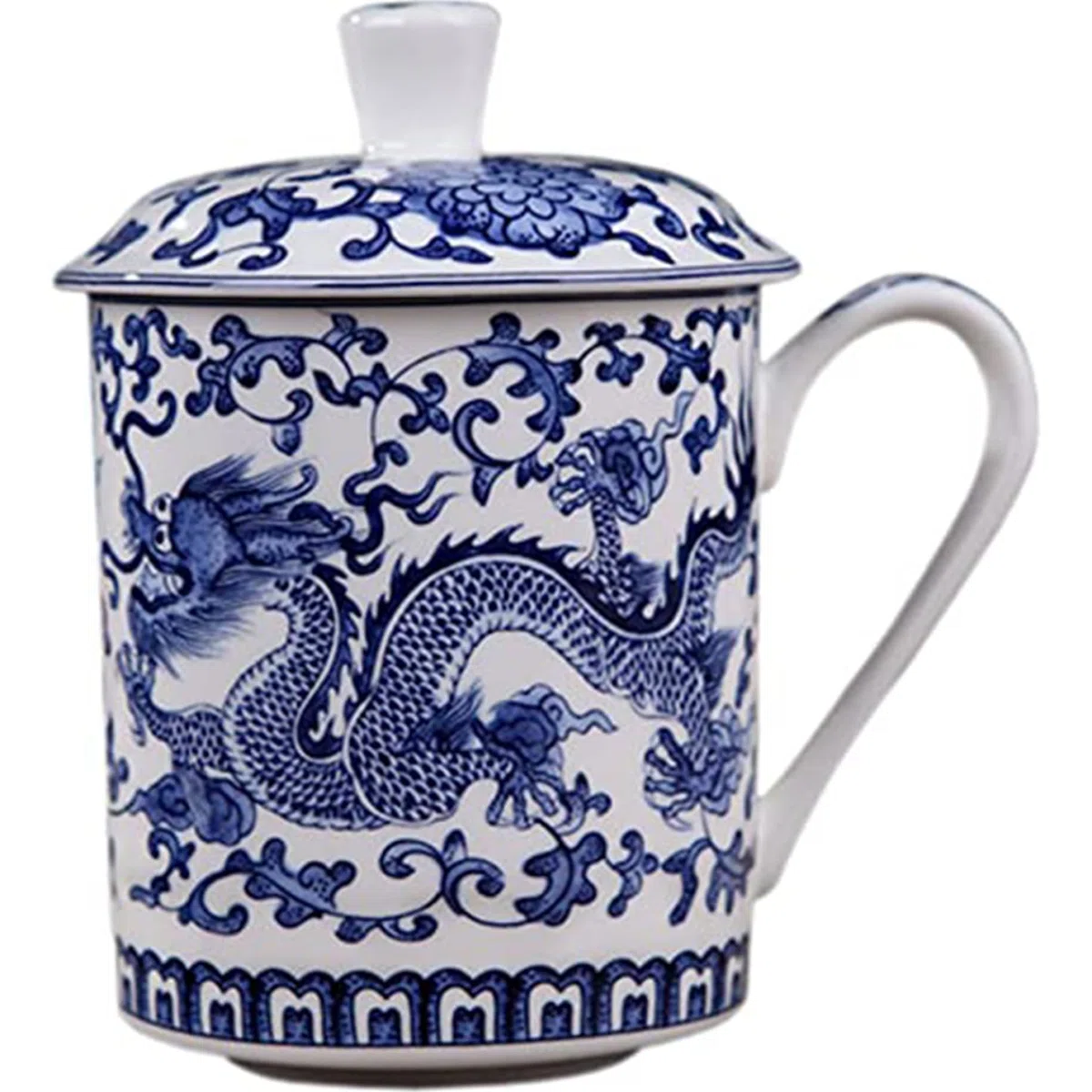 Tazza da tè in Ceramica Blu e Bianca di capacità da 500 ml con Coperchio e Manico, Tazze da tè Cinesi per Foglie sfuse, Ufficio a casa