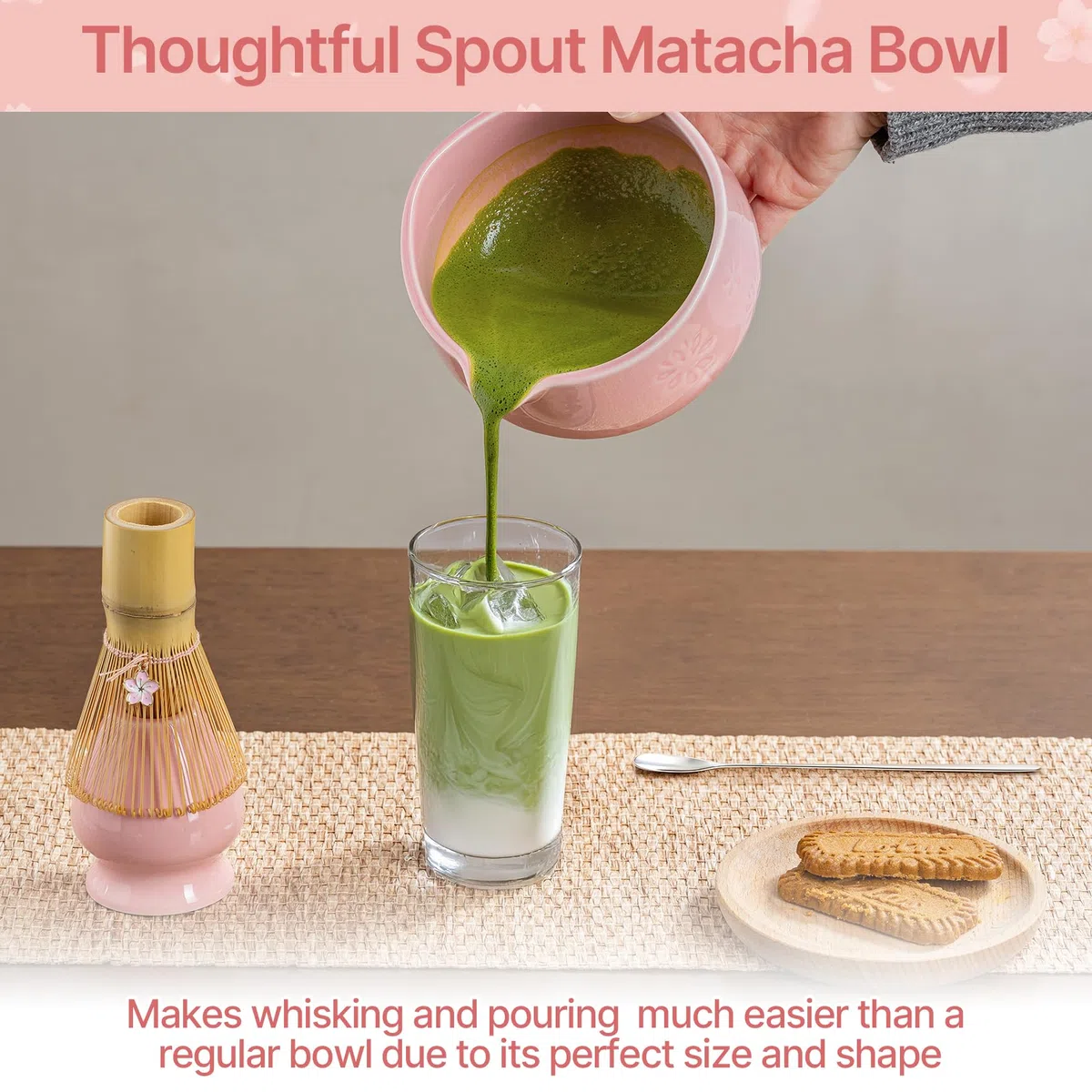 TIZU Set da tè Matcha, 8 pezzi, set con frusta, ciotola con beccuccio, paletta, cucchiaio, setaccio, porta frusta, regalo tradizionale giapponese per gli amanti del tè matcha (rosa)