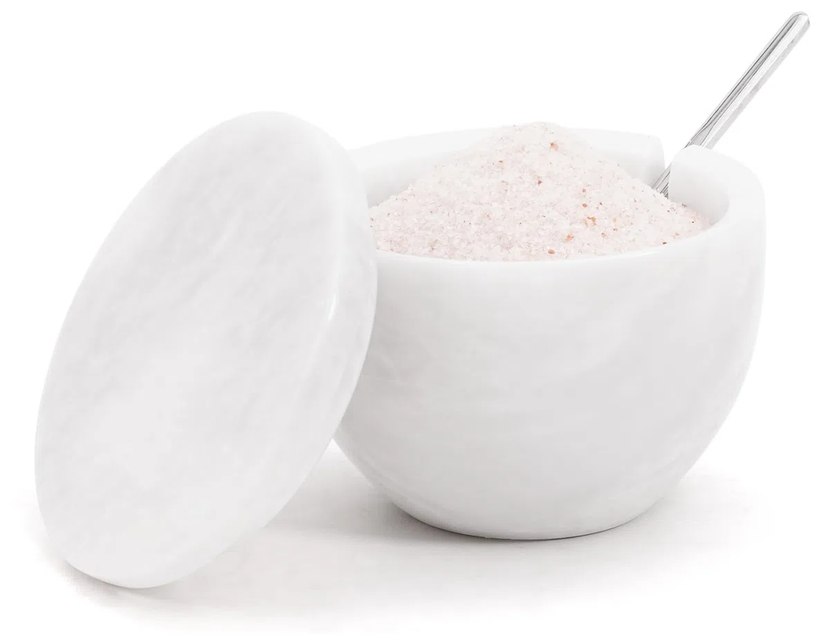 MARBLOUS KRAFTS, portasale in marmo con coperchio e cucchiaio, 3 x 4 pollici, barattolo bianco per condimenti da cucina, 133,2 g, ideale per spezie, zucchero e conservazione del sale
