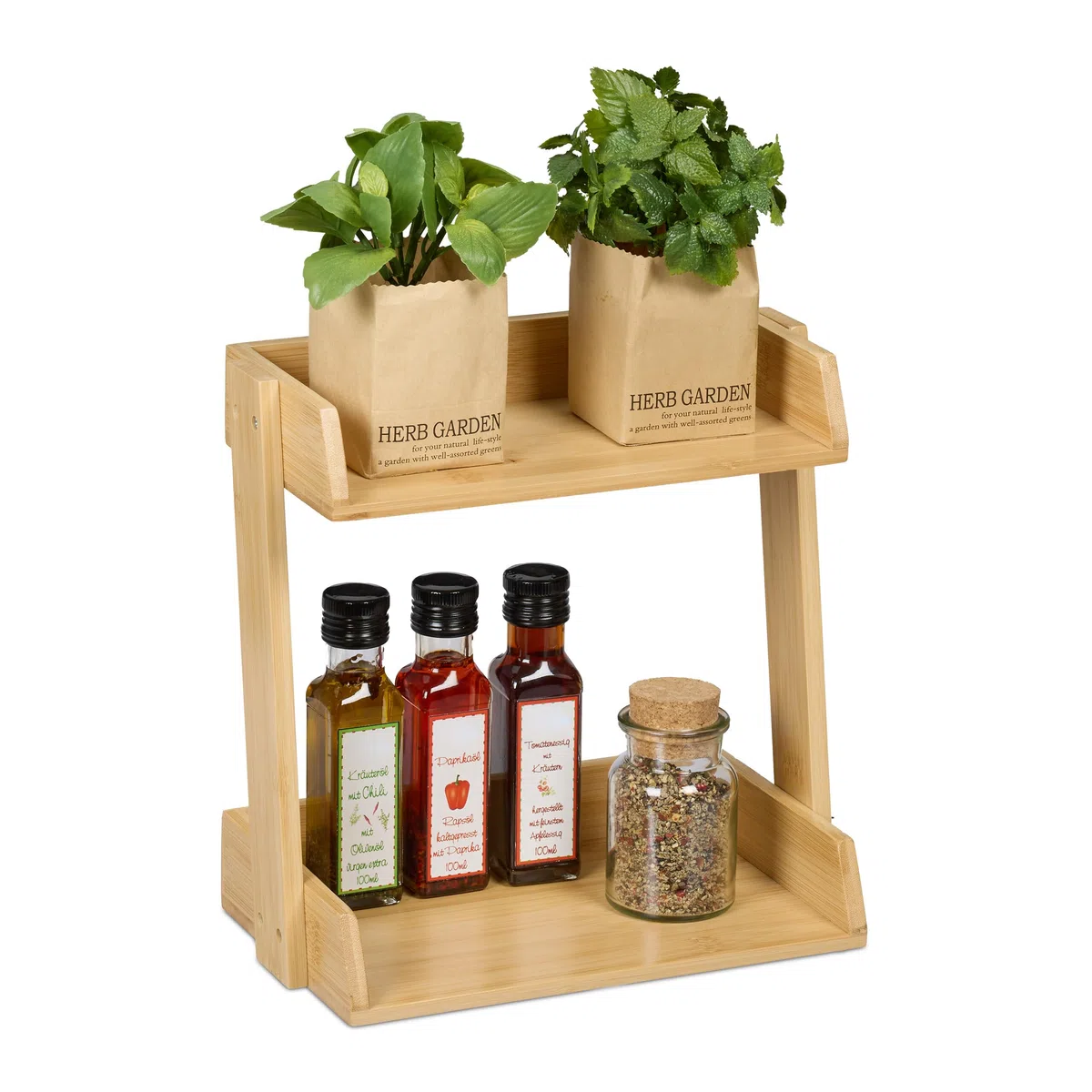 Relaxdays Portaspezie in bambù, Organizer per Spezie con 2 Ripiani, HLP: 27x27,5x16 cm, Espositore Spice Rack, Marrone