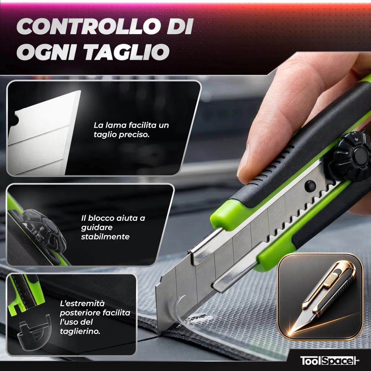 ToolSpace Cutter Professionale 18 mm 12x Lama Spezzabile Acciaio Al Carbonio Blocco Lama Impugnatura Antiscivolo Taglierino Per Cartone Carta Da Parati Moquette Imballaggi Cantiere Bricolage