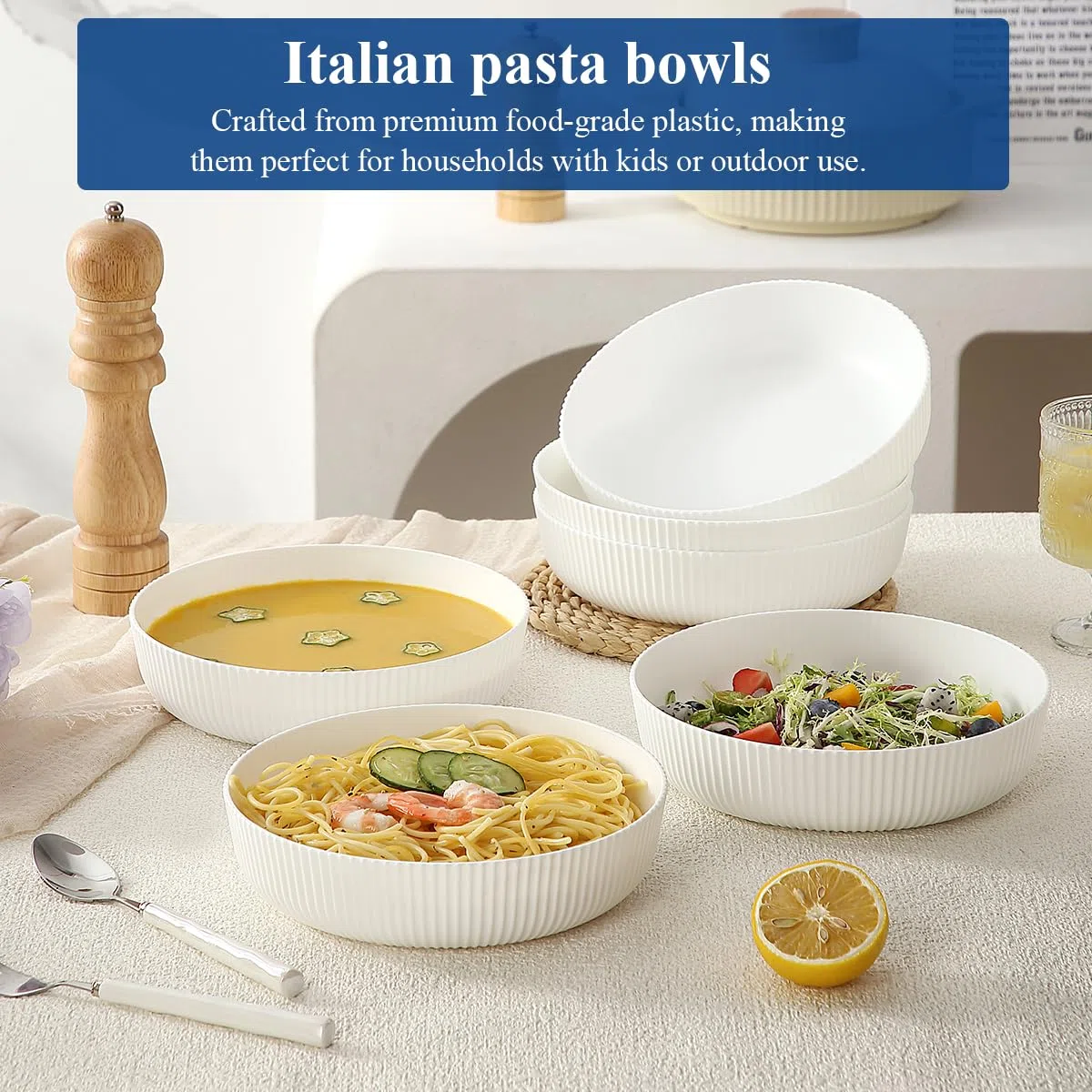 HOMQUEN Piatti Fondi, Set di 6 Ciotole per Pasta Grandi, Insalatiere da 1100 ml, Ciotole per Zuppa Bianche, Ciotole per la Cena in Plastica Infrangibile, Set di Stoviglie (Bianco)