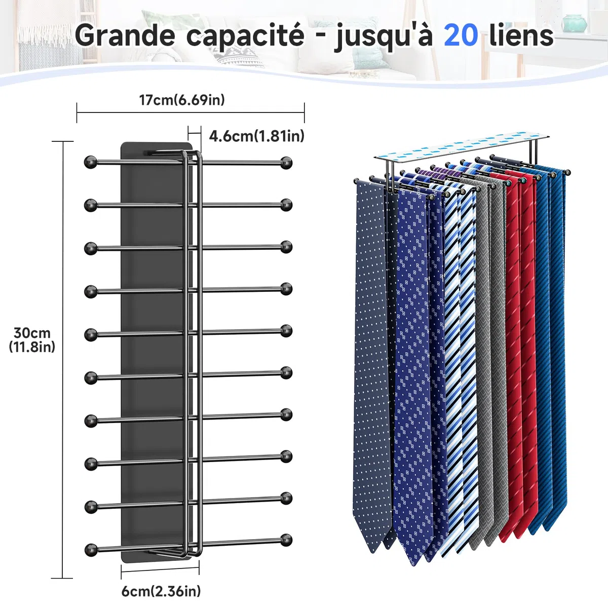 Portacravatte da Armadio, Porta Cravatte da Parete Adesivo, Porta Cinture da Armadio con 20 Ganci per Organizzare e Conservare Cravatte, Organizer per Cravatte da Uomo e Cinture, fermacravatta