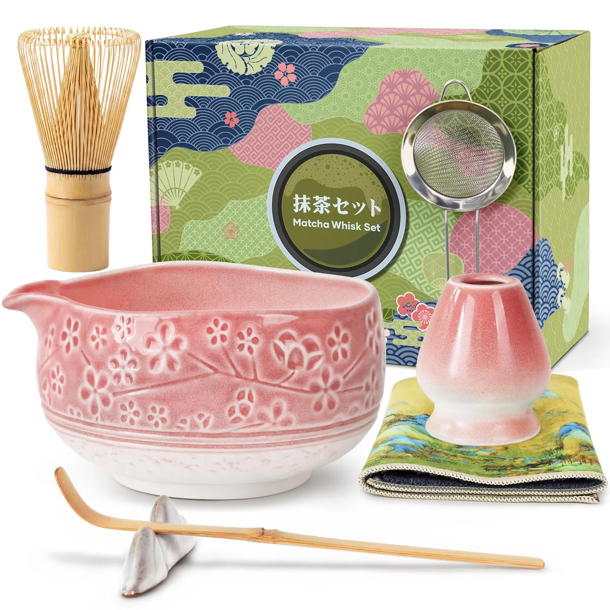 Kit Matcha 7 pezzi, Frusta in Bambù con Portafrusta, Ciotola in Ceramica con Beccuccio, Colino, Cucchiaio, Strofinaccio – Per Matcha Latte, Cerimonia del Tè Giapponese – Rosa Sfumato