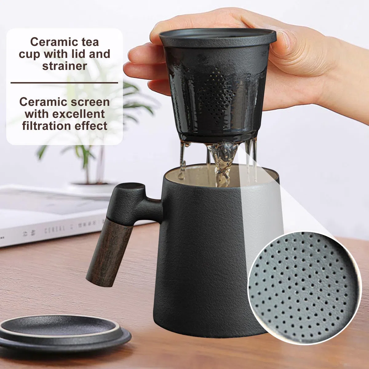 Tazza Manico Legno, Teiera In Ceramica Con Filtro E Coperchio, Per Tisana E Tè Sciolto, Uso Casa Ufficio (Nero)
