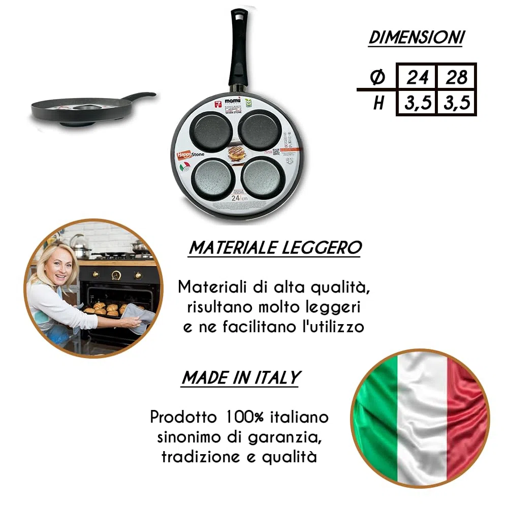 ARCA, Padella Pancake 24 cm Antiaderente, Piastra 4 Posti, Ideale Anche per Frittata e Altre Ricette, Adatta alla Lavastoviglie, Made in Italy