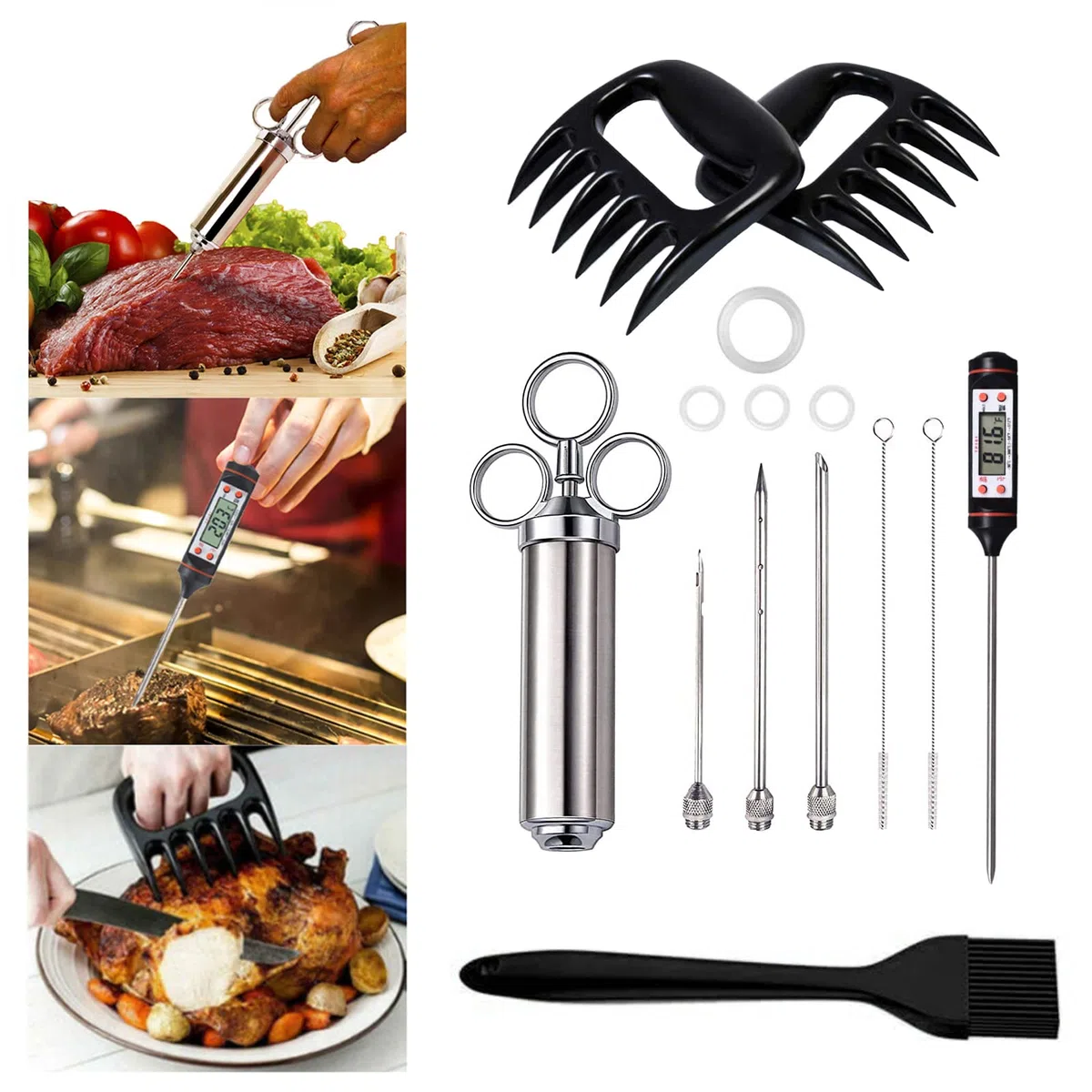 Set di siringa per arrosti Select Zone in acciaio inox 304 con 1 pennello per marinatura, 3 aghi, 1 paio di artigli per carne, 1 termometro per barbecue