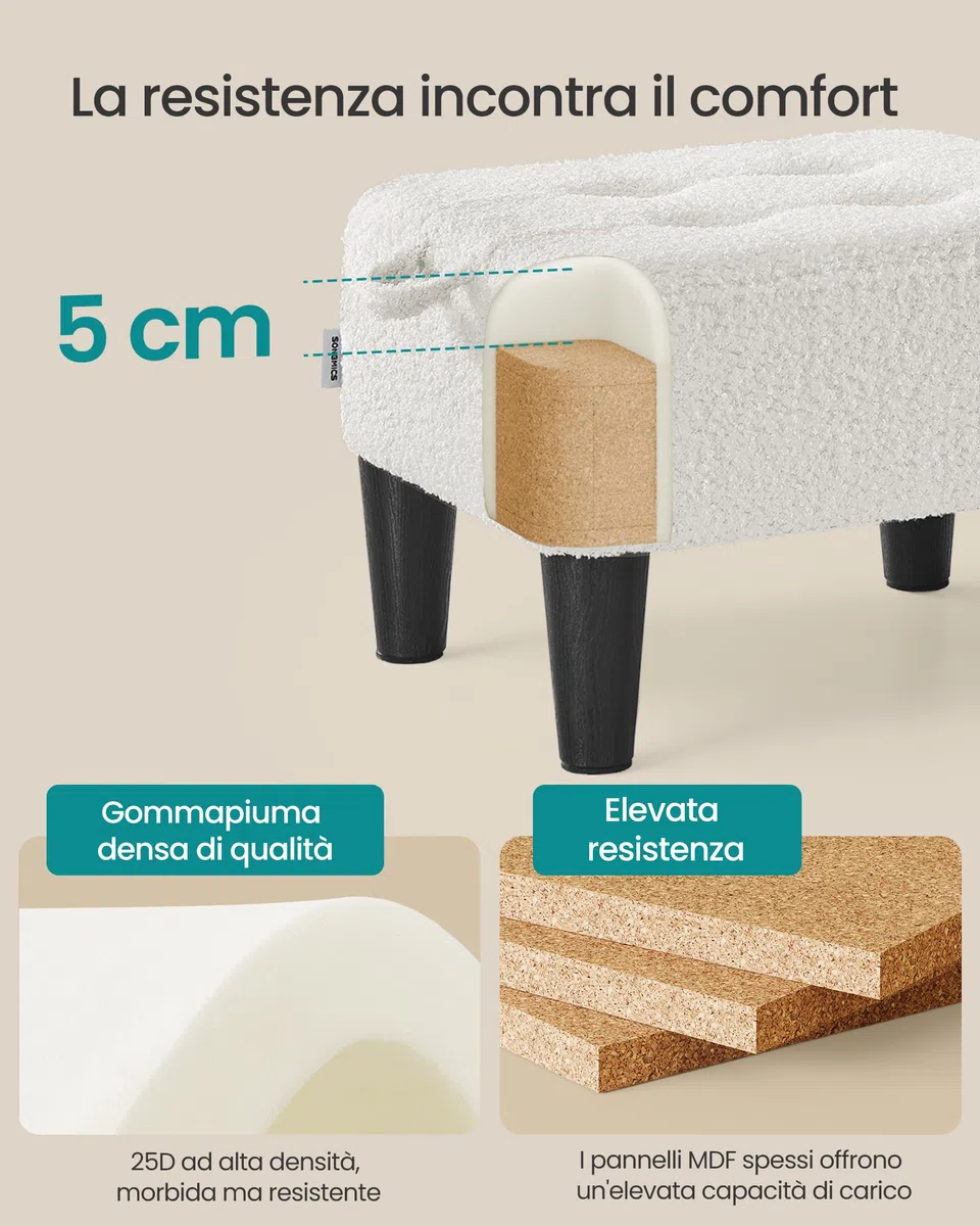 SONGMICS Sgabello Poggiapiedi, Pouf Contenitore in Tessuto Peluche, Imbottitura Spessa, Portata fino a 150 kg, per Soggiorno, Camera da Letto, Ingresso, Bianco Crema e Nero Inchiostro LOM503WD01