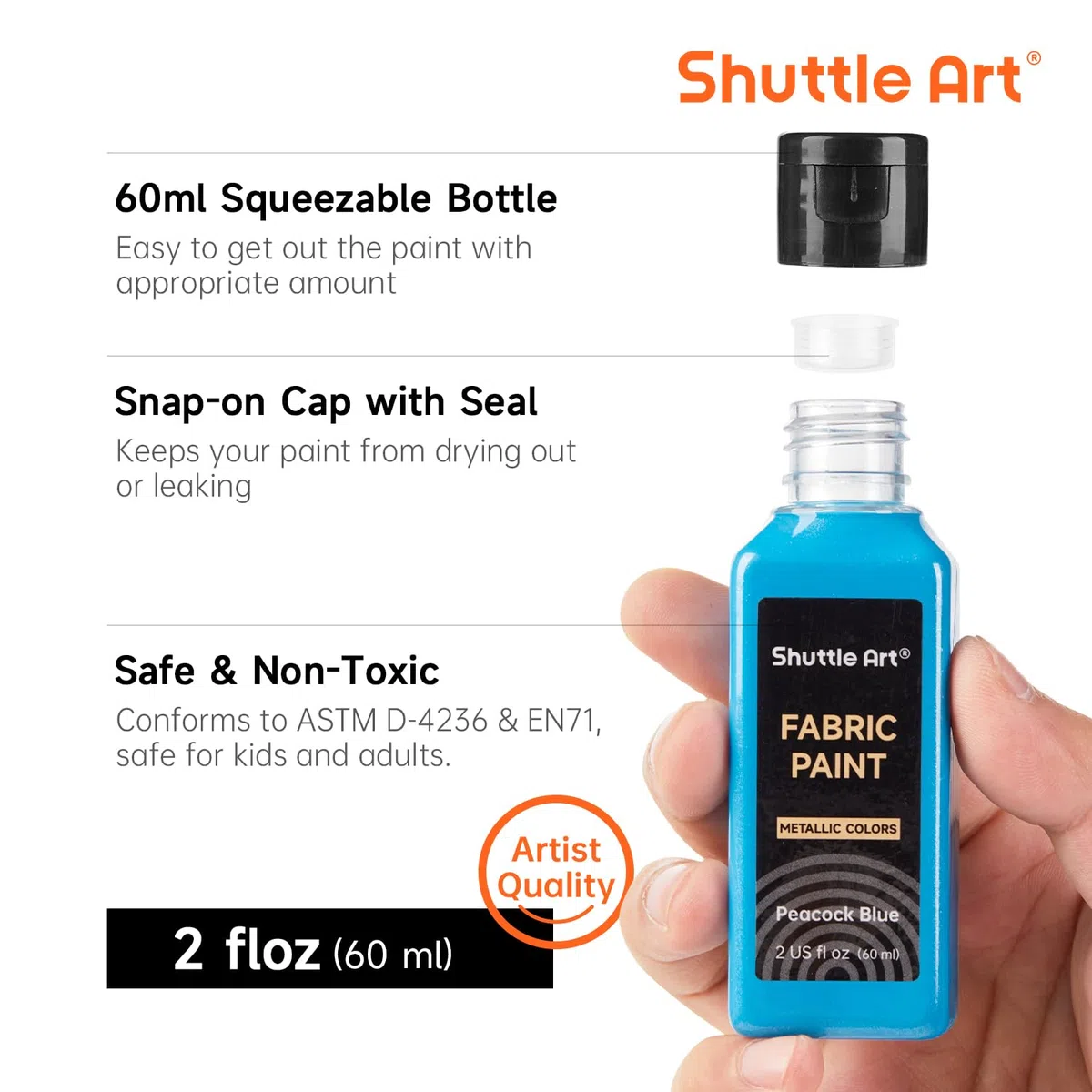 Shuttle Art 18 colori metallici per tessuti lavabili in lavatrice, colori resistenti al lavaggio in bottiglie, 60 ml, con pennelli, modelli, colori per tessuti per bambini su t-shirt, scarpe, jeans