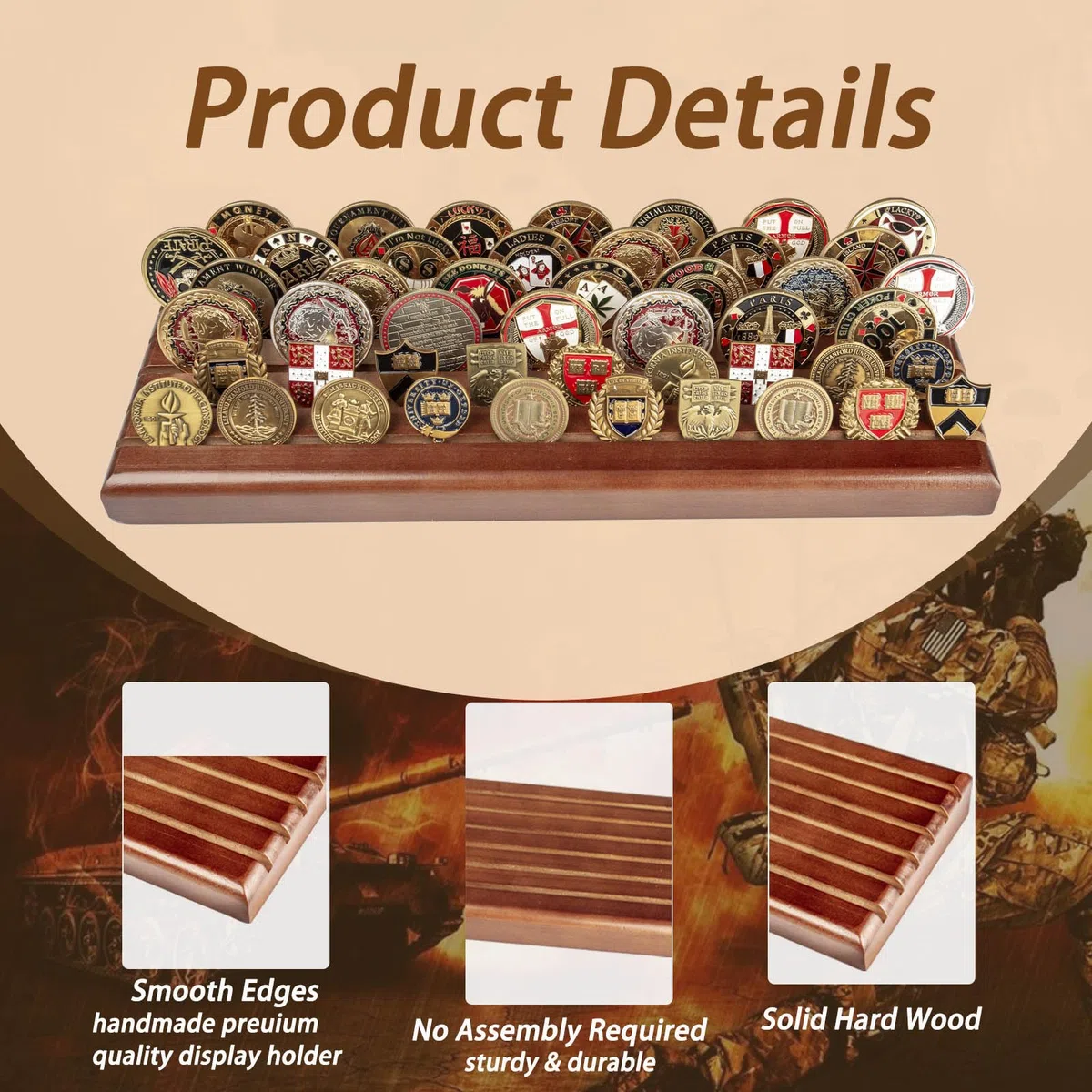 Military Challenge Coins Display Holder in legno massello 6 file Rack Case contiene 42 monete Challenge Coins Stand Challenge Coin Display Collector Holder Marrone scuro