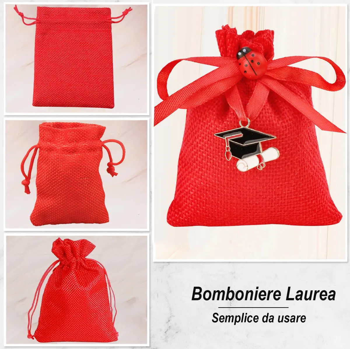 Sonekin 50pz Bomboniere Laurea, Rosso Sacchetti Laurea (Stile A-50pz) | Facile da Assemblare, Ben Fatto, Facile da Chiudere, Pensato per Cerimonie di Laurea, Molto Carino, Bomboniere Perfette