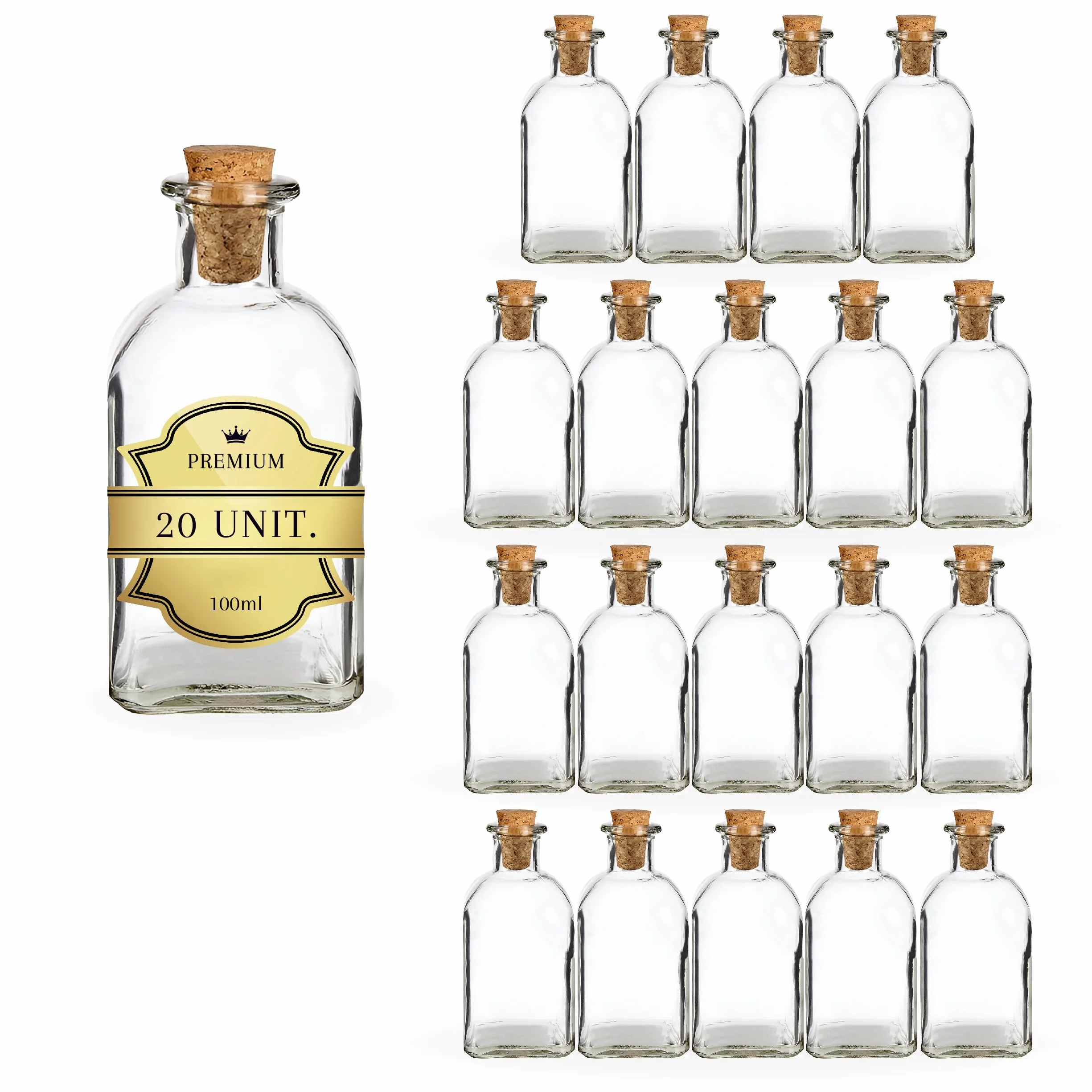 Espirito Rebelde 20 bottiglie quadrate in vetro, 100 ml, con tappo in sughero, mini bottiglia per liquori, whiskey, rum, vino - fiaschetta pozione magica, ideali per campioni e ricordi
