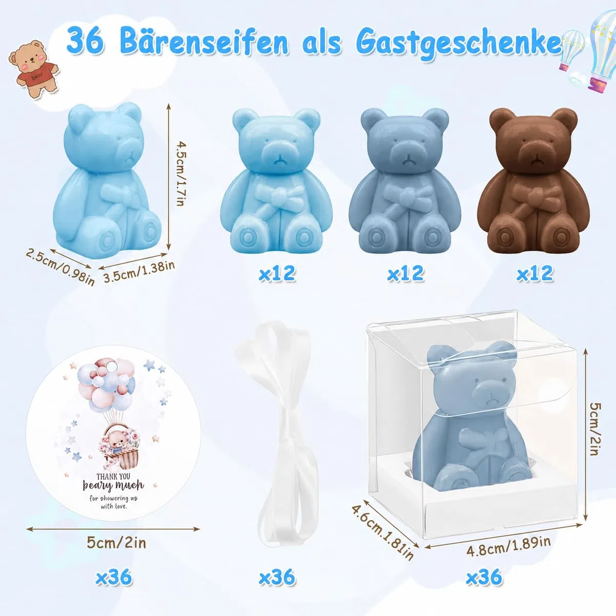 Set di 36 orsetti sapone bomboniere baby shower, sapone profumato fatto a mano con biglietti di ringraziamento e scatole regalo, mini saponi per ragazzi e ragazze, decorazioni e regalini per baby