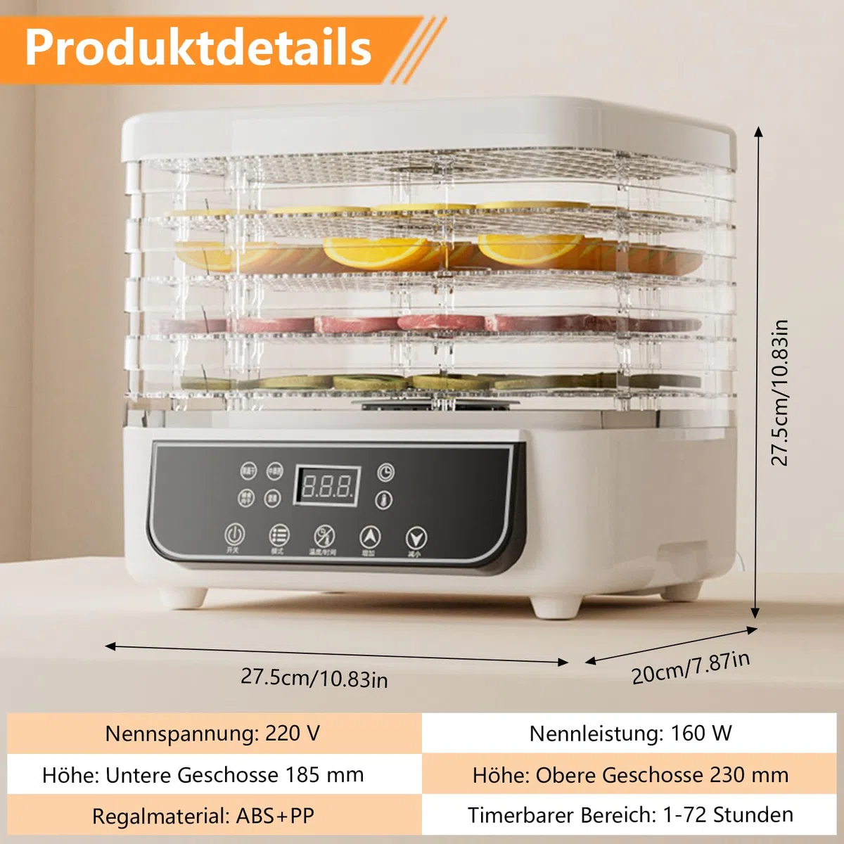 Essiccatore per frutta multifunzione con 5 scomparti, timer 72 ore, essiccatore per frutta con indicatore LED, essiccatore per carne, pesce, verdure