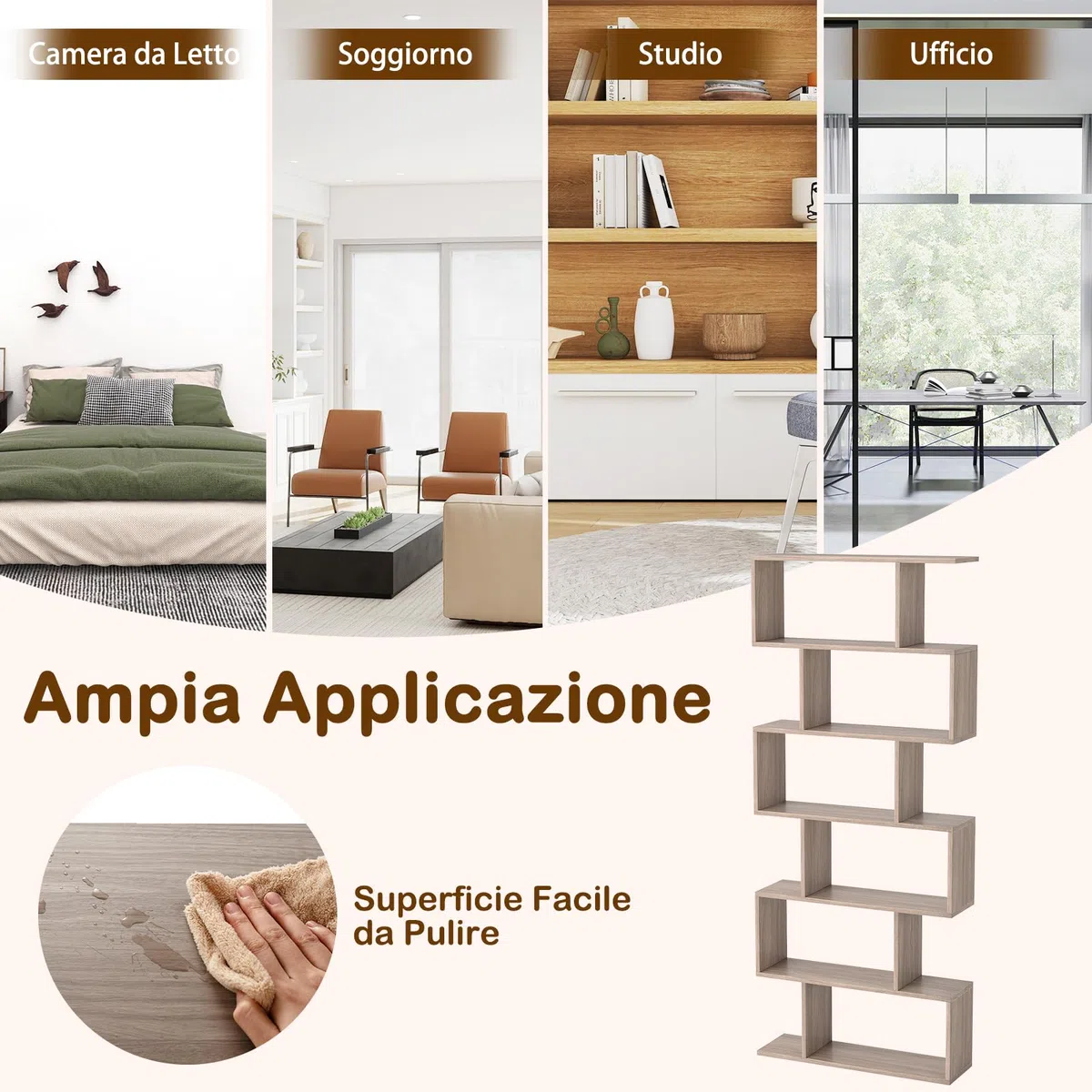 COSTWAY Scaffale a 6 Ripiani, Libreria a Forma di S, Libreria Scaffale da Terra in Legno, Divisorio per Soggiorno, Camera da Letto, Ufficio, 80 x 23 x 192 cm (Quercia)