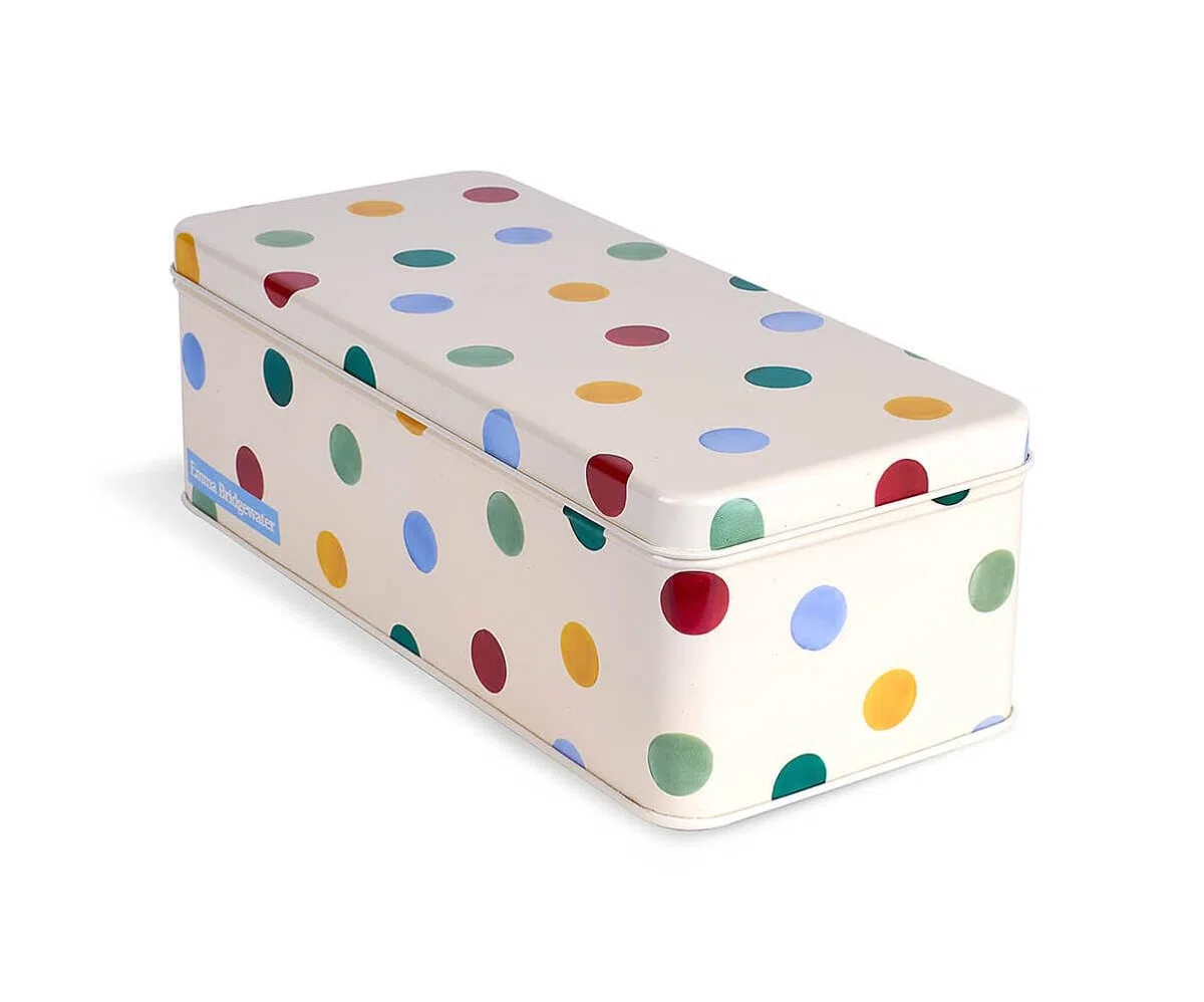 Emma Bridgewater, Scatola rettangolare in latta, lunga e profonda, con motivo a pois, 24 x 10 x 7,8 cm