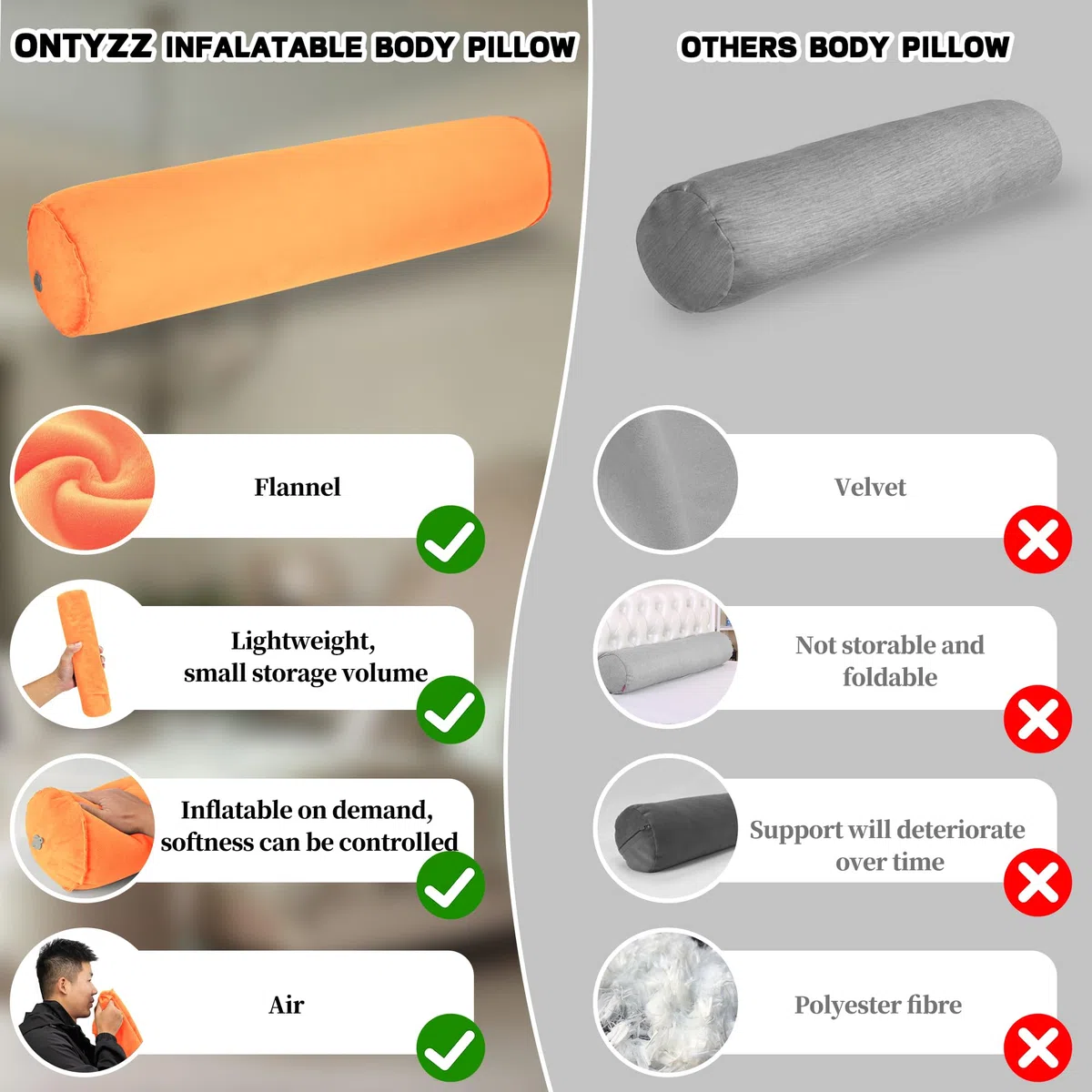 ONTYZZ Cuscino Corpo Gonfiabile Cuscino Lungo Adulti Bambini Cuscino Rotondo Bolster per Dormire Abbraccio Indietro Collo Supporto Dormiglione Laterale Coccole