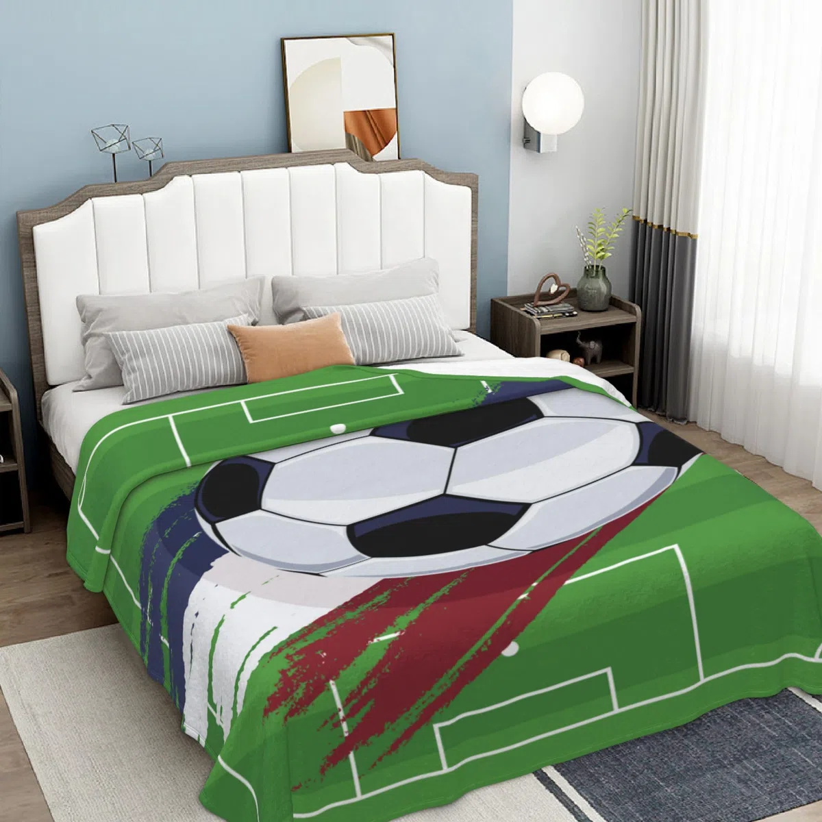Coperta a tema calcio 150 x 200 cm,coperta a tema sportivo per bambini,morbida e confortevole coperta in flanella con motivo a pallone da calcio, adatta per bambini e adolescenti (B, 150 x 200 cm)