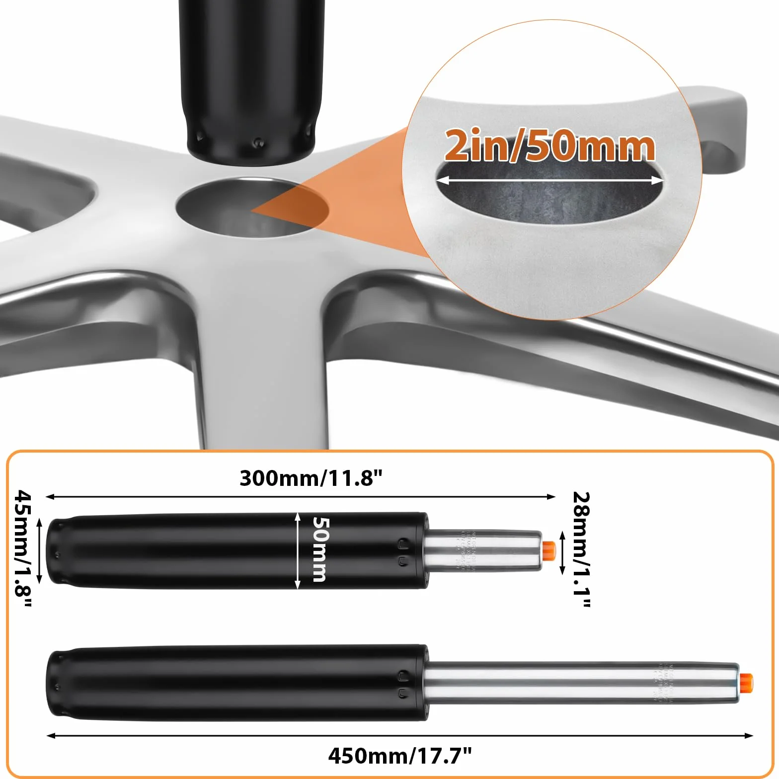 Pistone Sedia Ufficio, Class 4 a Gas di Ricambio 1000 LBS(450kg), Lunghezza 300mm-450mm, di Sollevamento Regolabile per Sedie Girevoli Gaming Ufficio, Nero
