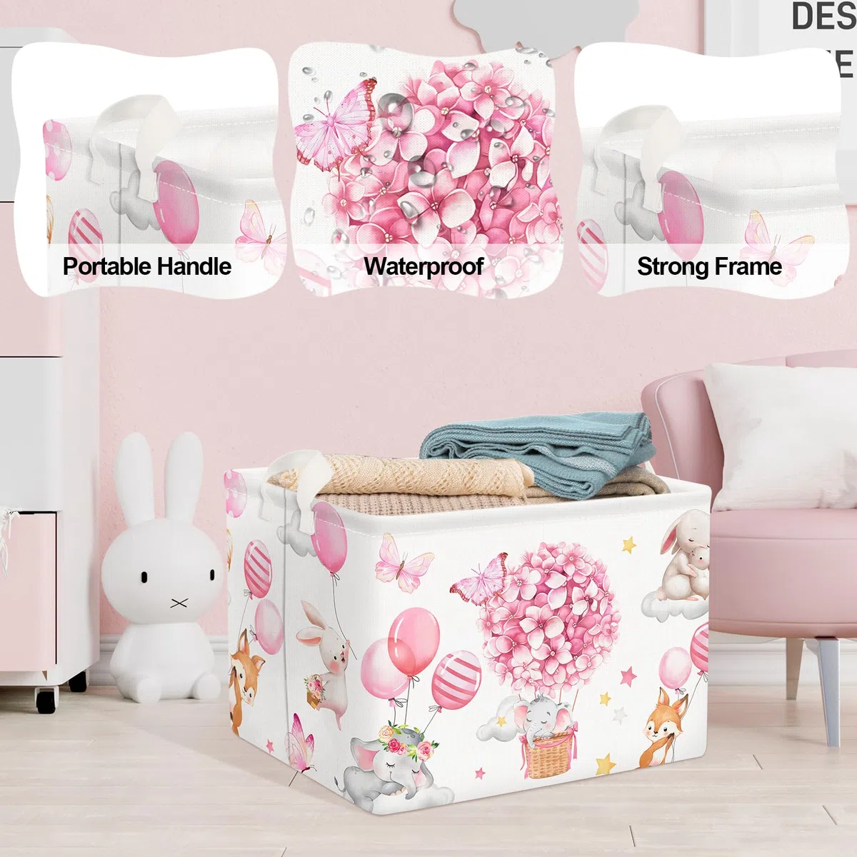Clastyle Cestino Portaoggetti Fiore Rosa Mongolfiera Elefante Che Dorme Ceste per la Biancheria Giocattoli Rettangolare per Camera dei Bambini, 40x30x30 cm