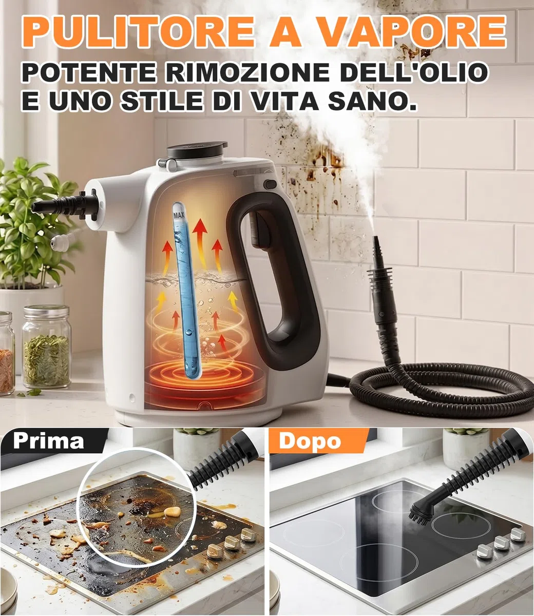 Pulitore a Vapore Portatile 1350W - Riscaldamento 15S, 3Bar, Steam Cleaner con 10 Accessori, Cavo da 3M, Serbatoio 550ML, Vapore a 16 Minuti, Ideale per Tappezzerie, Cucina e Auto