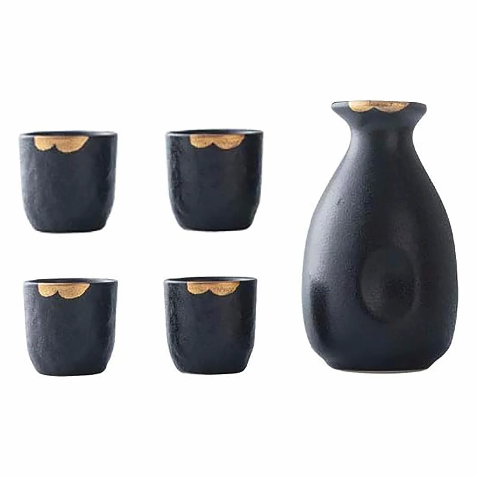 Set di 5 tazze da sakè giapponesi, dipinte a mano, in ceramica, per degustazione di vini casalinghi, colore nero