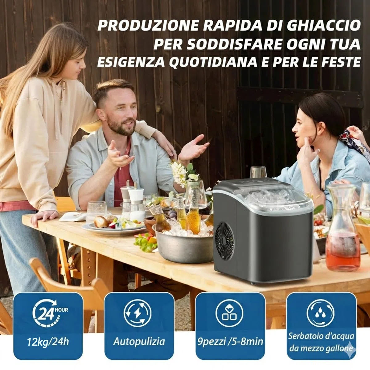 Macchina del Ghiaccio Portatile 12KG/24H Fabbricatore Ghiaccio Casa con Autopulizia Produce 9 Cubetti in 6 Minuti 2 Dimensioni Ghiaccio a Proiettile Nero Silenziosa con Cestello e Paletta