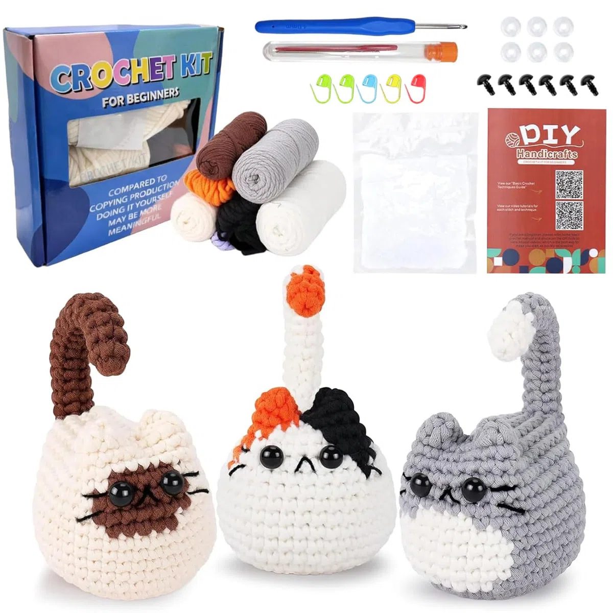 BOYIFEIJIE Set all'uncinetto per principianti, set di animali, istruzioni Amigurumi con video passo dopo passo, tre simpatici gatti, ideale per principianti, set creativo all'uncinetto (3 gattini)