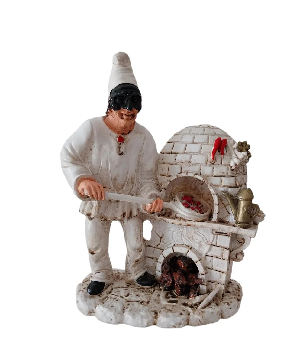 Generico Corno Portafortuna Statua Pulcinella napoletano in Resina Dipinta a Mano (Pulcinella pizzaiolo con forno)