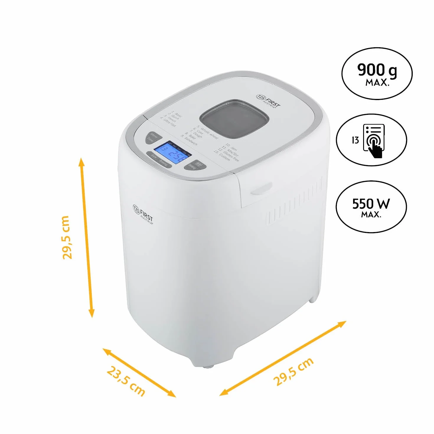 TZS First Austria Macchina per il pane con 13 programmi | 700-900 g di impasto | Timer, funzione di mantenimento in caldo | 550 W di potenza | Accessori inclusi